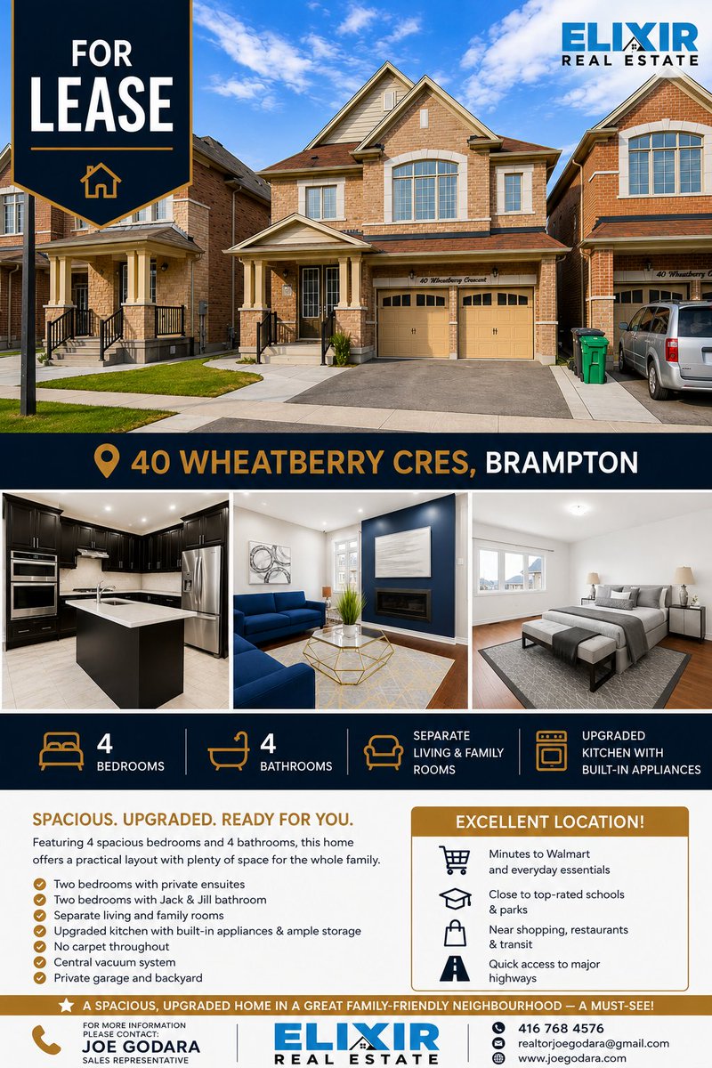 JoeGodara's tweet photo. 🏡 FOR LEASE | 40 Wheatberry Cres, Brampton
4 Bed | 4 Bath family home featuring:
✨ 2 private ensuites
✨ Separate living &amp; family rooms
✨ Upgraded kitchen
📍 Close to schools, parks, shopping, transit &amp; major highways.
#Brampton #ForLease #BramptonRealEstate #HouseForRent https://t.co/qtPPXHHBrP