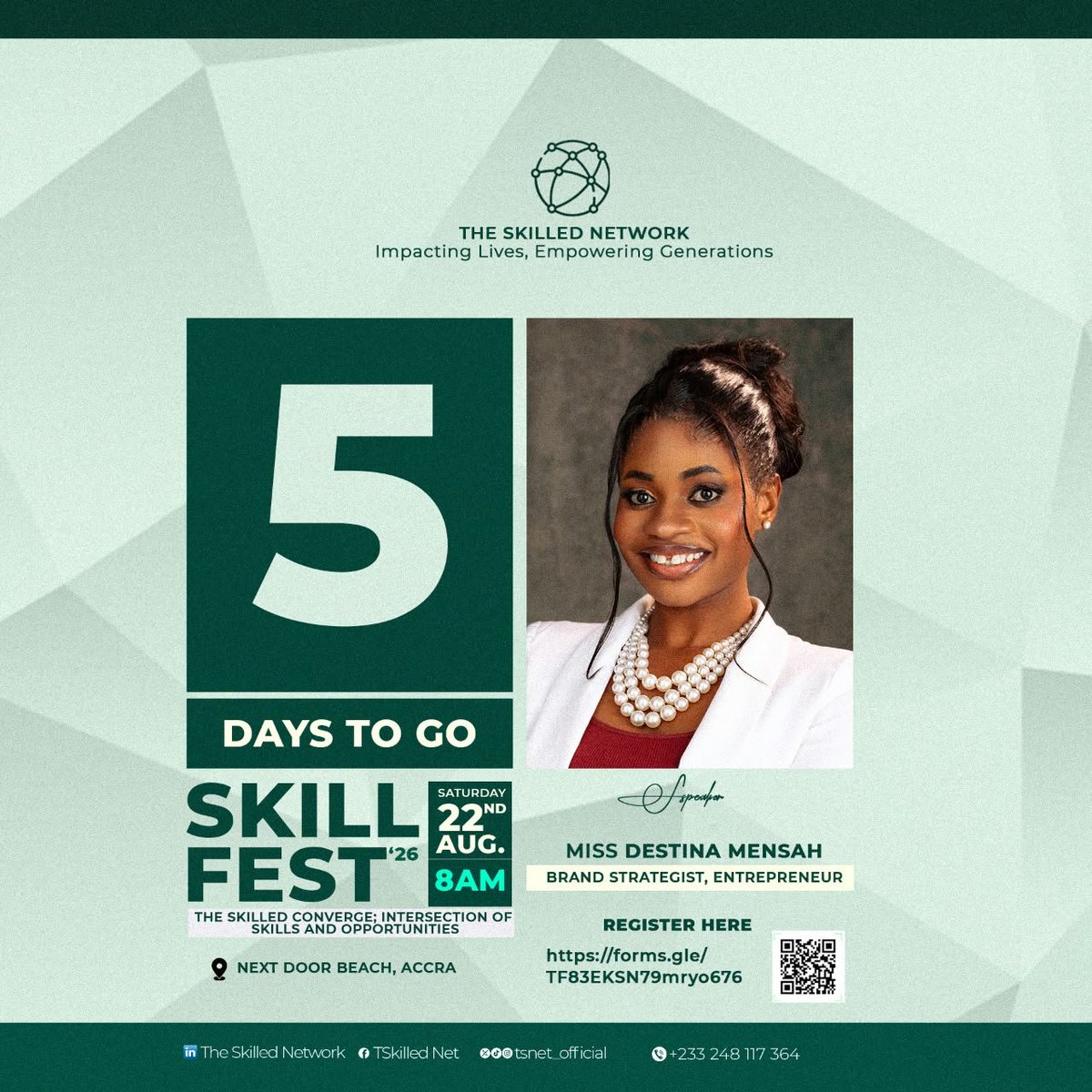 tsnet_official's tweet photo. 5 DAYS TO GO! ⏳💚
 TSN SkillFest ’26 is almost here!! 
𝑴𝑬𝑬𝑻 𝑶𝑼𝑹 𝑺𝑷𝑬𝑨𝑲𝑬𝑹 - Miss Destina Mensah

🔗 Register now: https://t.co/LuB587lnul⁠�

 200+ young people. One powerful convergence. Countless opportunities.
#SkillFest26 #5DaysToGo #TheSkilledNetwork https://t.co/GWQbVk60VX