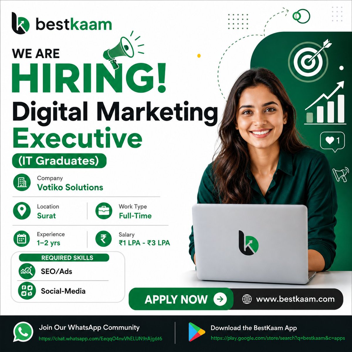 bestkaam's tweet photo. 🚀 We’re Hiring! | Digital Marketing Executive
!
👉 Apply Now: https://t.co/vwtDCo3r5O

📍 Surat | Full-Time

💰 ₹1–3 LPA
🎯 Skills: SEO/Ads &amp; Social Media

#BestKaam #Hiring #DigitalMarketing #MarketingJobs #SuratJobs #JobSeekers #ApplyNow https://t.co/wNJDjDze2T