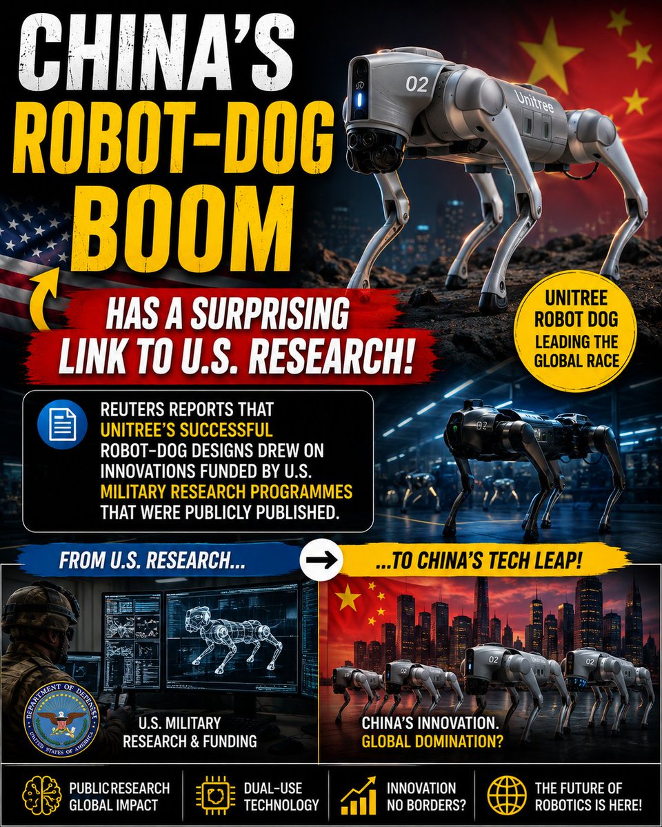rizwanbrief's tweet photo. 🤖 CHINA’S ROBOT-DOG BOOM HAS A SURPRISING LINK TO U.S. RESEARCH!
Reuters reports that Unitree's successful robot-dog designs drew on innovations funded by U.S. military research programmes that were publicly published.

#Robotics #AI #Technology #China https://t.co/PKdmwIafn9
