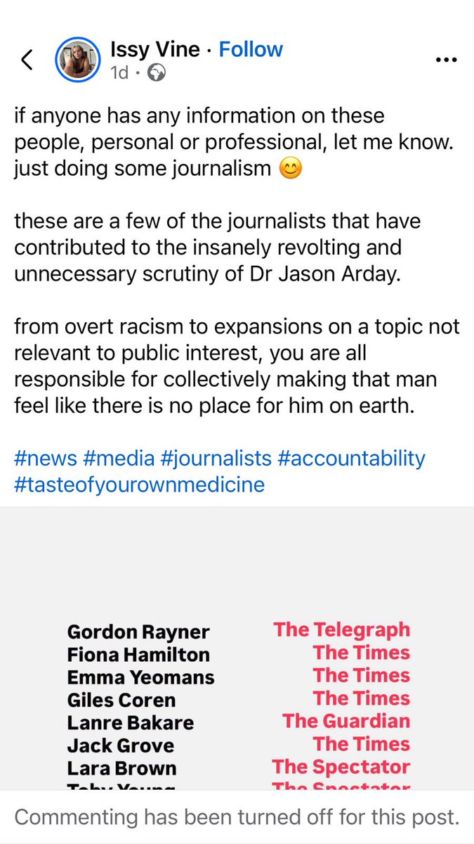 JournalismSEEN's tweet photo. There is something deeply ironic about condemning a supposed “witch hunt” while publishing a list of journalists’ names and asking strangers for personal and professional information about them. https://t.co/xUVsXDoGBn