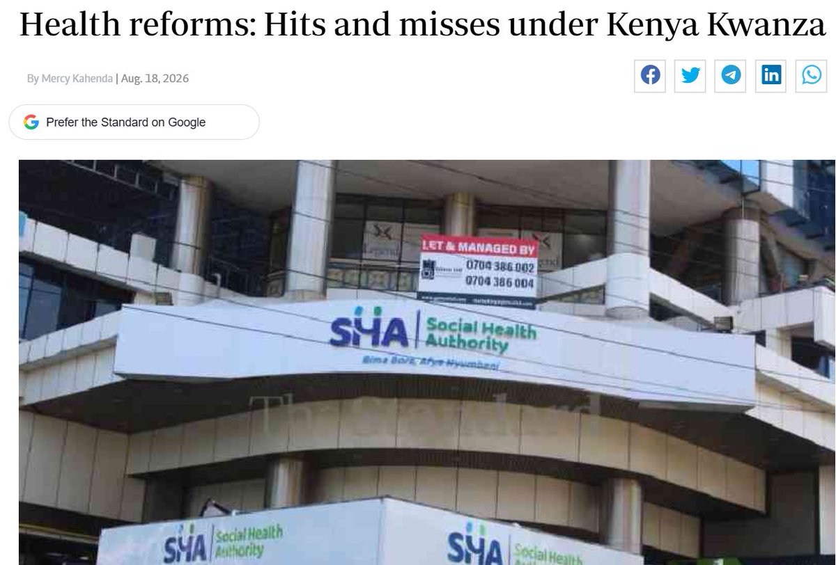 KELINKenya's tweet photo. Kenya's health sector has hit a milestone: 32.2M people now registered under SHA. @KELINKenya welcomes the stronger legal foundation four new health laws have created for UHC — but as we've said, the real test is whether these reforms translate into quality, affordable, accessible care for every Kenyan.

Read; https://t.co/CegarcDVQ5 

@StandardKenya @kahendam92 @MalecheAllan @wanameme @_shakenya @Trans4mHealthKe @Trans4m_Health