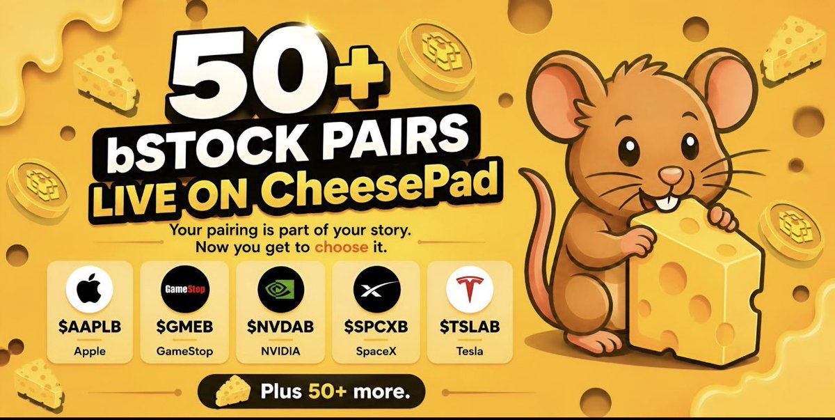 JACK___CRYPTO's tweet photo. Apple, Tesla, NVIDIA, SpaceX, Gold, Bitcoin.

Now you can use tokenized versions of these assets to raise funds for your token launch on @cheesepad .

You can raise with assets like:

$AAPLB — Apple
$MSFTB — Microsoft
$NVDAB — NVIDIA
$TSLAB — Tesla
$SPCXB — SpaceX
$SPYB — S&P 500
$QQQB — Nasdaq 100
$XAUt — Gold
$BTCB — Bitcoin

I told you,  cheesepad is on its way to becoming the best pre-sale platform 💪