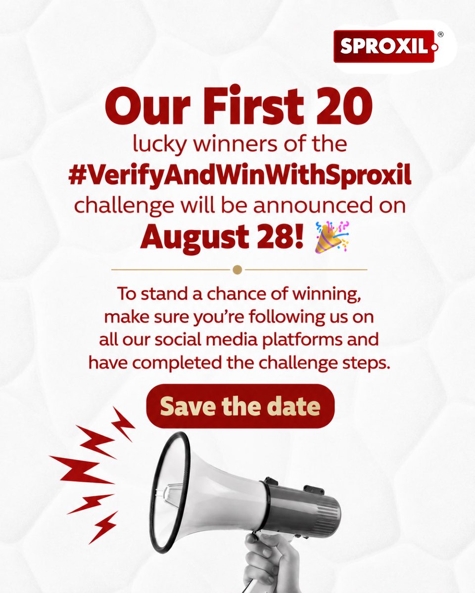 sproxil's tweet photo. The first winners are coming! π
The #VerifyAndWinWithSproxil Challenge is real, and we are excited to announce that our first 20 lucky winners will be revealed on August 28.
Each winner will receive β¦20,000 from our β¦400,000 cash prize pool.
This is our way of celebrating smart consumers who choose safety, originality, and peace of mind by verifying their products before use.
But it does not stop here.
The challenge continues, so keep participating:
β
Follow Sproxil on LinkedIn, Facebook, Instagram, and X
β
Buy any product with a Sproxil verification label
β
Scratch and verify via WhatsApp only
β
Get your βORIGINALβ confirmation
β
Post your product photo and WhatsApp verification screenshot
β
Tag @Sproxiland use #VerifyAndWinWithSproxil
Your next verification could put you in the winnerβs circle.
π² WhatsApp verification link is in our bio.
π Enquiries: 08035015845
Follow. Verify. Share. Stand a chance to win.
#VerifyAndWinWithSproxil #Sproxil #ProductVerification