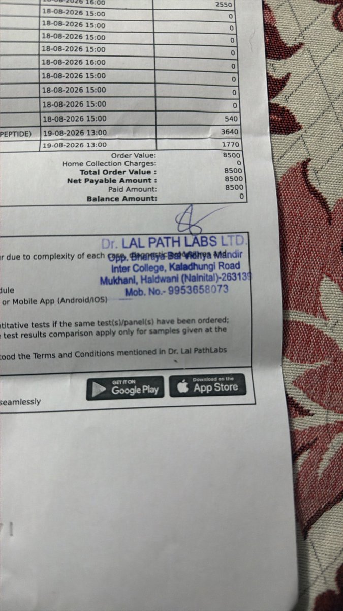 Rational28's tweet photo. @lalpathlabs Ordered 12 test paid but received report of only 7 
Sample  no 500583995
All number given in bill do not exits 
Vi d25, B12 thyroid profile missing ?
Two are to be given tomorrow ?
Where to ask  ? Nis given is fake https://t.co/q5uKoWefto