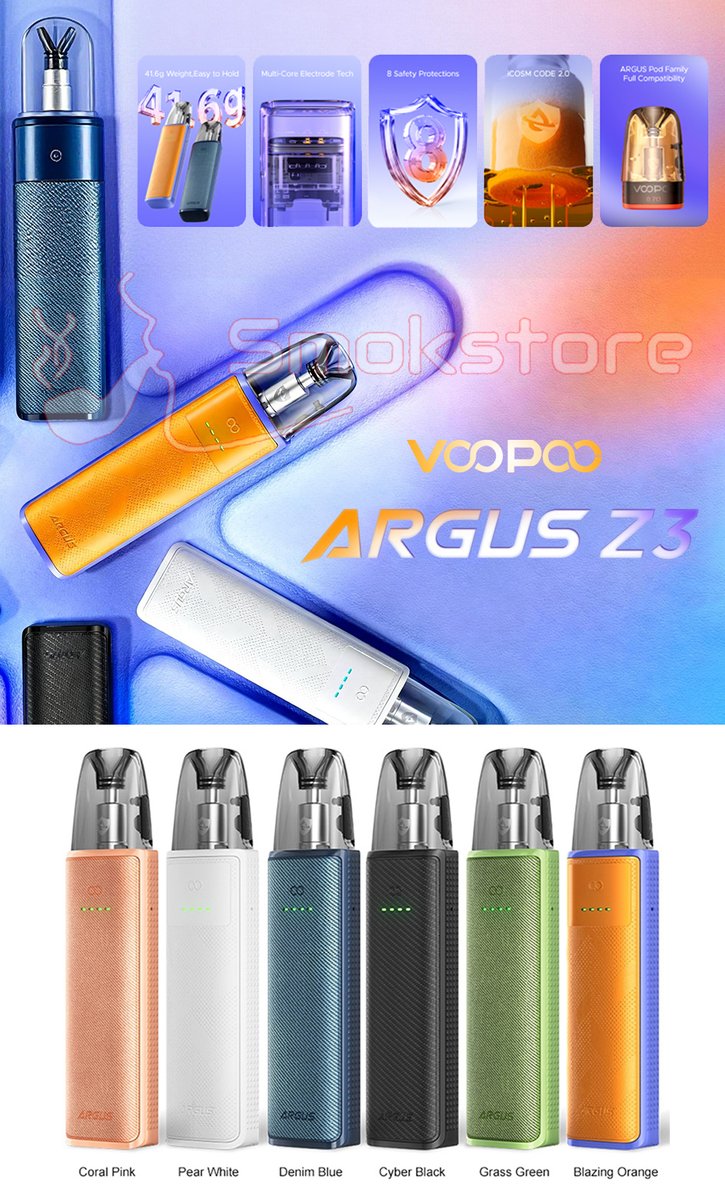 Smokstore's tweet photo. VOOPOO Argus Z3 Pod Kit 1100mAh
41.6g Weight, Easy to Hold
Multi-Core Electrode Tech
8 Safety Protections
iCOSM CODE 2.0
ARGUS Pod Family Full Compatibility
One Pod, Double Vaping Pleasure
Stepless Airflow
More Details: https://t.co/sWm6dcGeUn https://t.co/s2qh3CBMjk