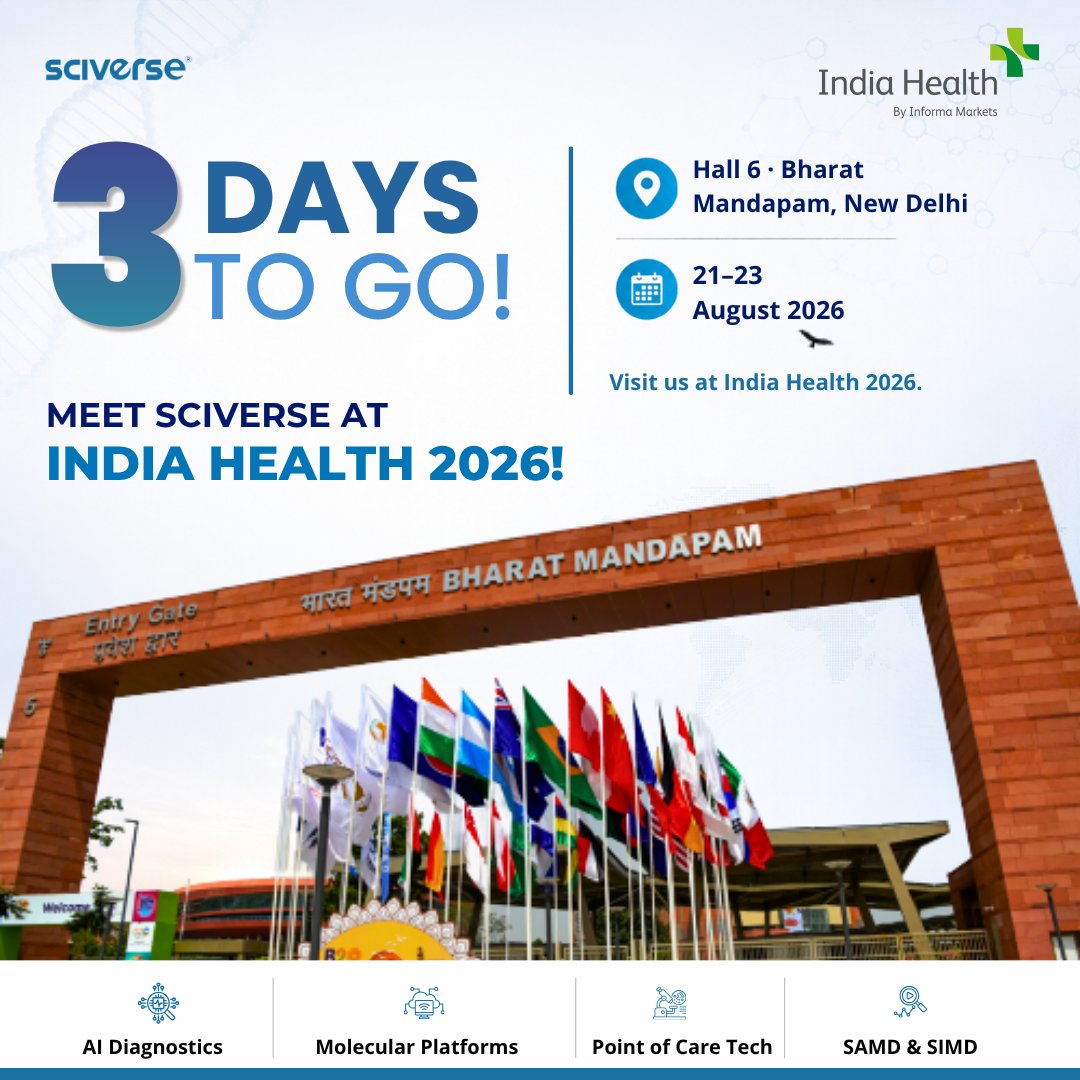 SciverseMedtech's tweet photo. 3 DAYS TO GO! 

Sciverse is heading to India Health 2026!

Meet us at Hall 6, Bharat Mandapam, New Delhi. 
21–23 August to explore our work across:
AI Diagnostics • Molecular Platforms • Point-of-Care Tech • SaMD &amp; SiMD

See you there!

#Sciverse #IndiaHealth2026 #MedTech https://t.co/WjShkN2ZuF