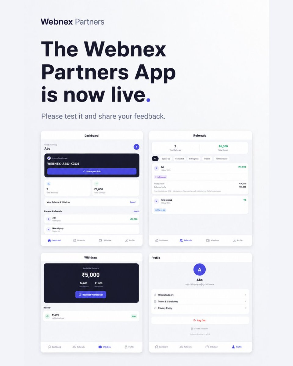 webnex1000's tweet photo. 🚀 The Webnex Partners App is now live.

We’ve built it. Now we want you to break it. 😄

Test the app, explore the experience, and tell us what you think.

Your feedback will help us make Webnex Partners better.

Try it. Test it. Tell us.

#Webnex #WebnexPartners #BuildInPublic https://t.co/if1h8RdjS4