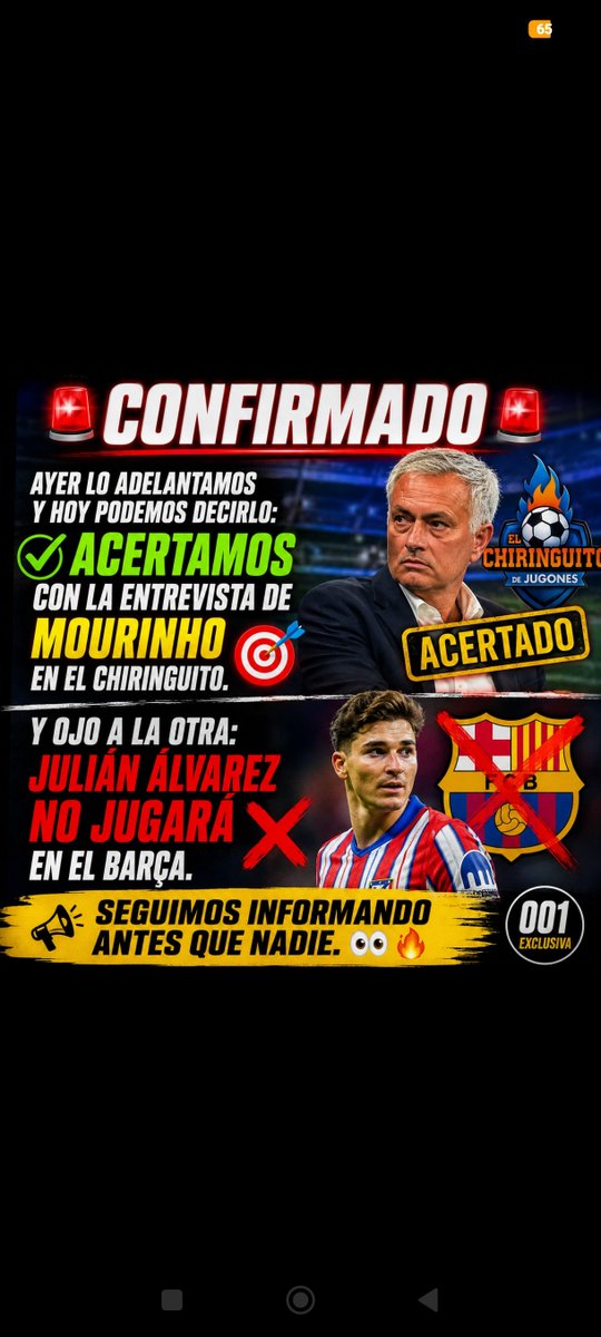ElDatoFc's tweet photo. 🚨 CONFIRMADO 🚨

Ayer lo adelantamos y HOY podemos decirlo: ACERTAMOS con la entrevista de Mourinho en El Chiringuito. 🎯

Y ojo a la otra: Julián Álvarez NO jugará en el Barça. ❌🔵🔴

Seguimos informando antes que nadie. 👀🔥 https://t.co/aLIR4HeEv9