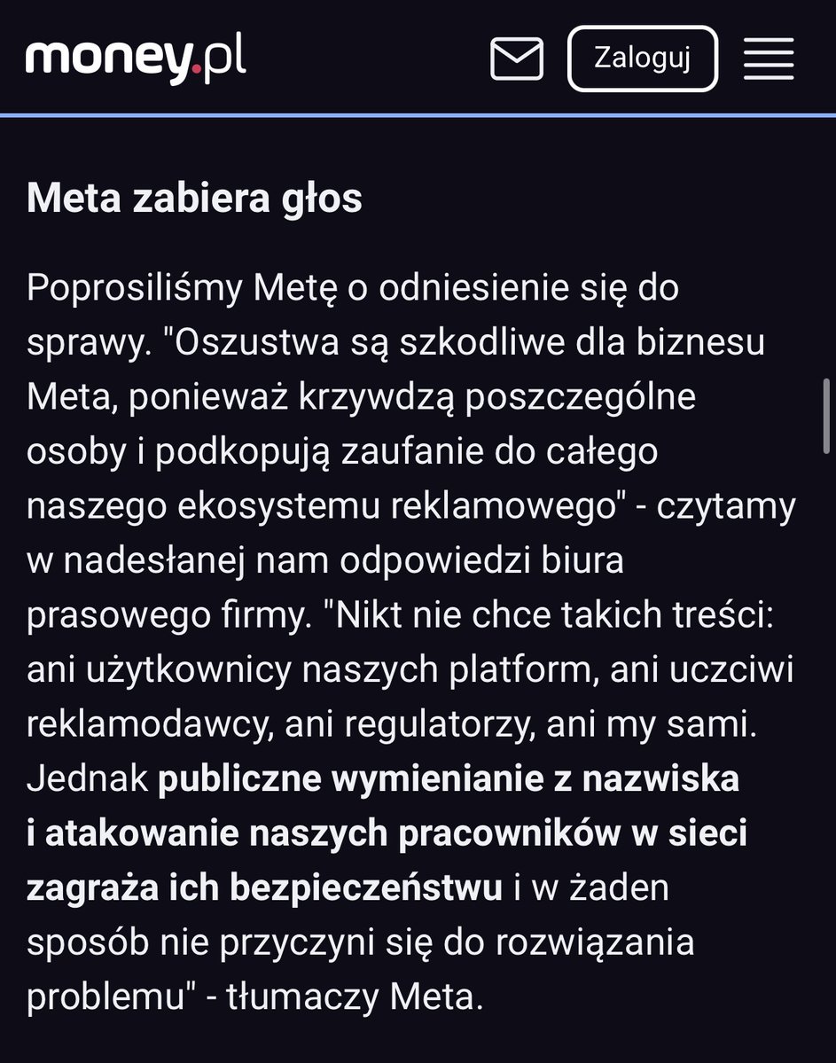 wide Zrzut oświadczenia Mety opublikowany przez Rafała Brzoskę we wpisie z 18 sierpnia 2026 r.