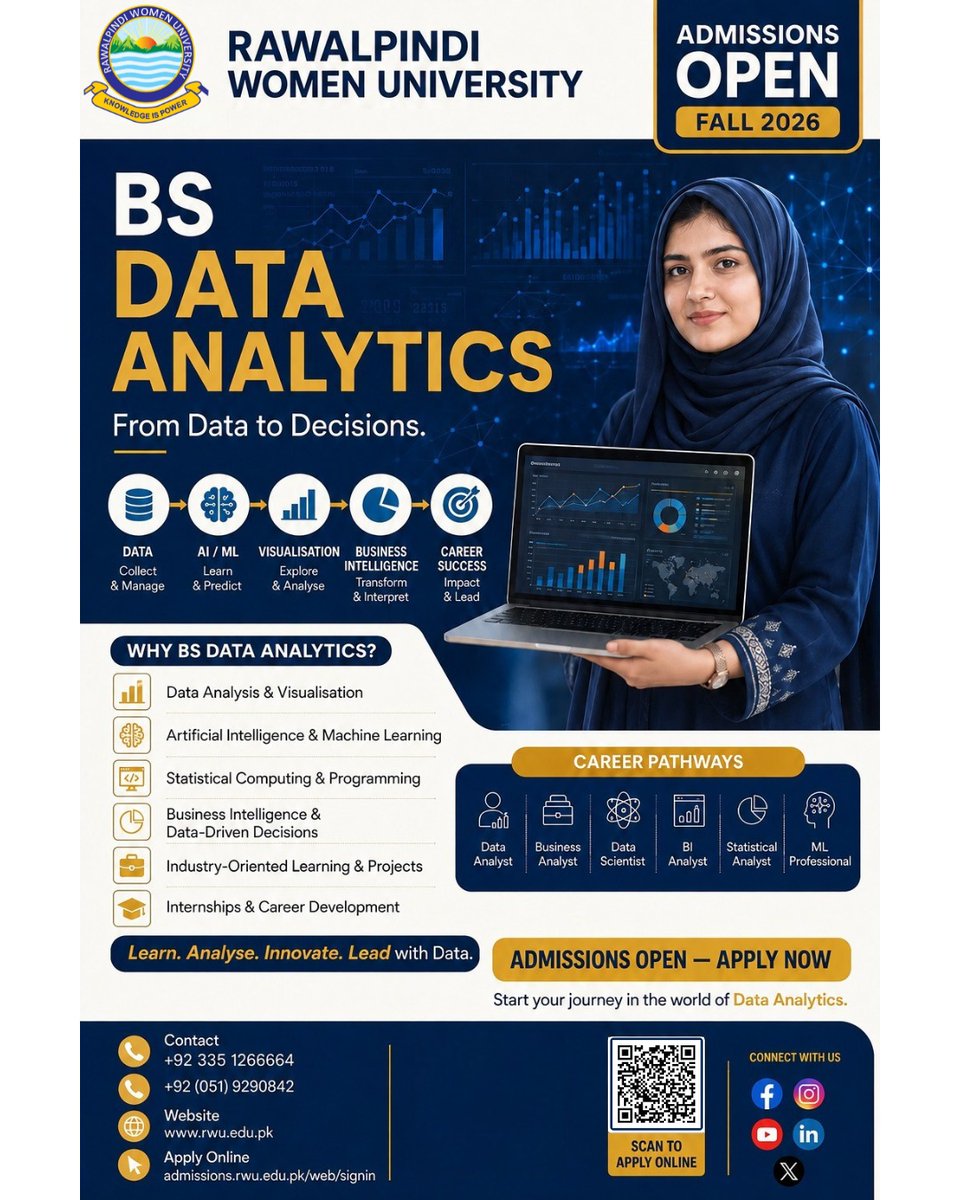 Official_RWU's tweet photo. Admissions Open – Fall 2026 | BS Data Analytics

Last Date to Apply: August 28, 2026

Apply at: https://t.co/kRy3jAPBQs

Admission Helpline: +92 (051) 9290842
WhatsApp: +92 335 1266664
For more information, visit: https://t.co/iN05Xdn82F
Last Date to Apply: August 28, 2026 https://t.co/AaX6nivoNB