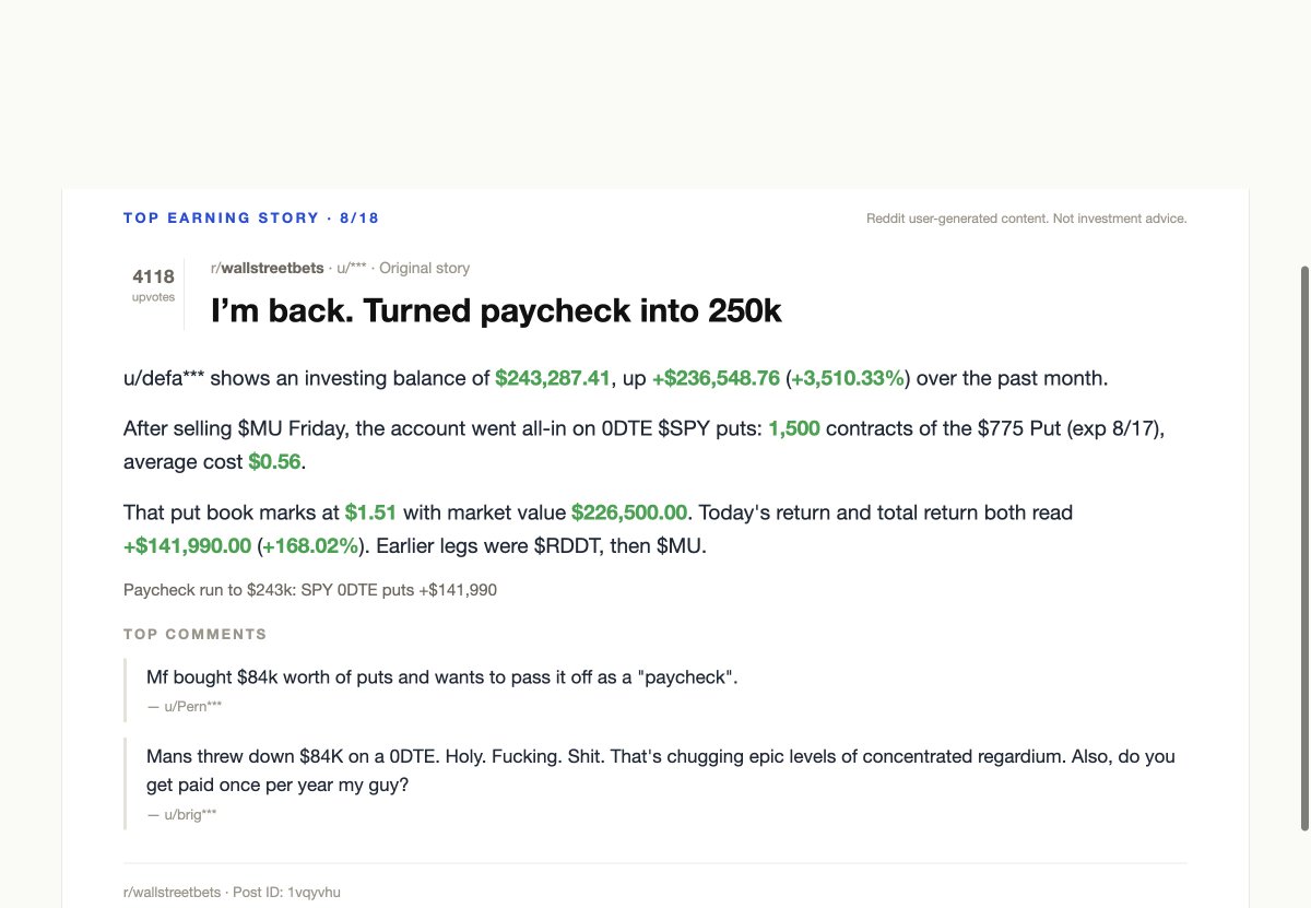 RedditPulseHQ's tweet photo. I’m back. Turned paycheck into 250k

u/defa*** account $243,287.41 · past month +$236,548.76 (+3,510.33%)

1,500x $SPY $775 0DTE puts: +$141,990.00 (+168.02%)

$SPY #options #wallstreetbets https://t.co/8DP3LcUkGd