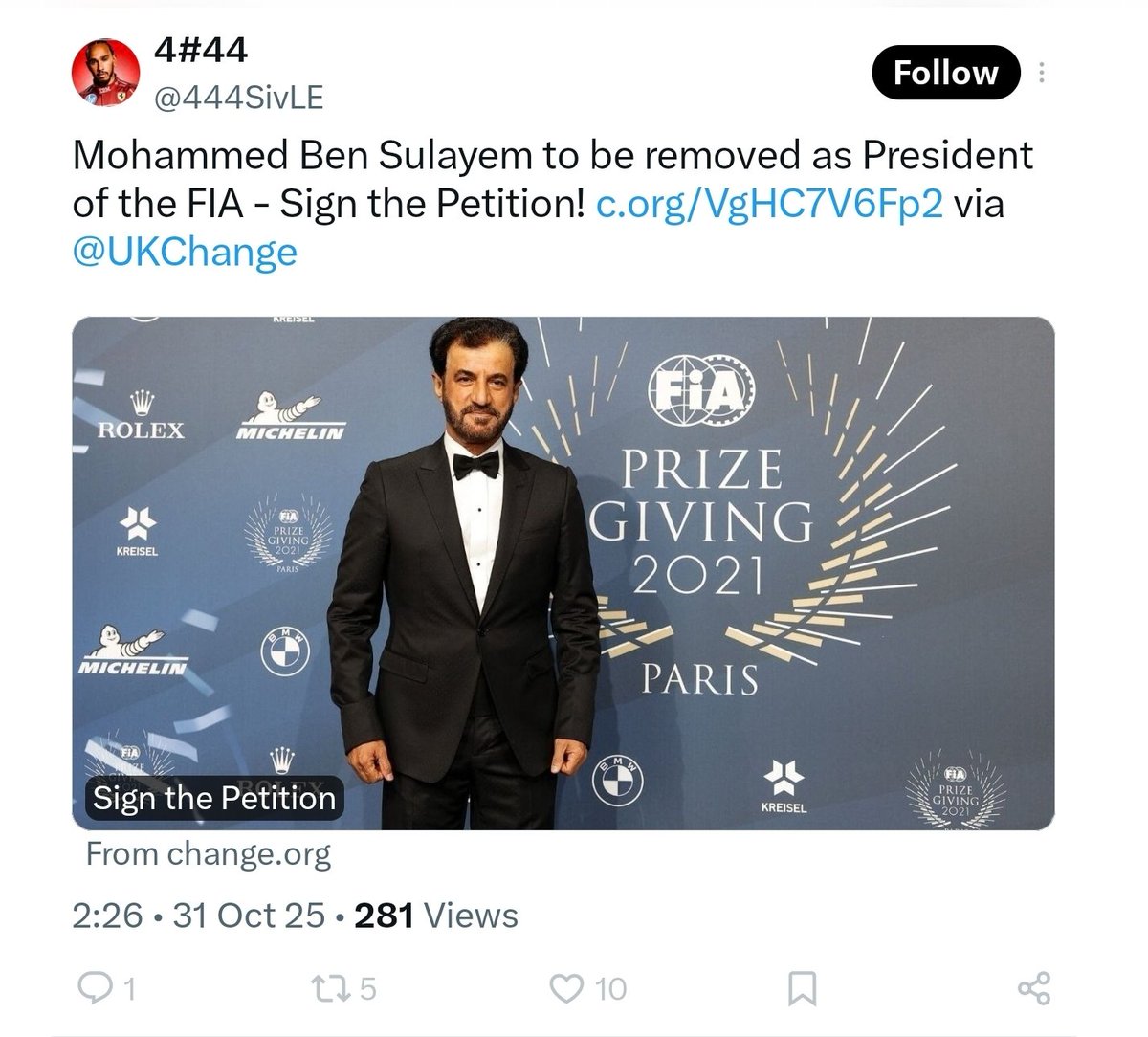 F1WDC2021's tweet photo. I find it ironic; an account that blocked me is promoting a petition that I started.

Guess they are OK with the fraudulent 2021 WDC (#F1xed #ProjectGWH), but not happy with MBS (#NoMoreBS) https://t.co/d4zbDKmRJk