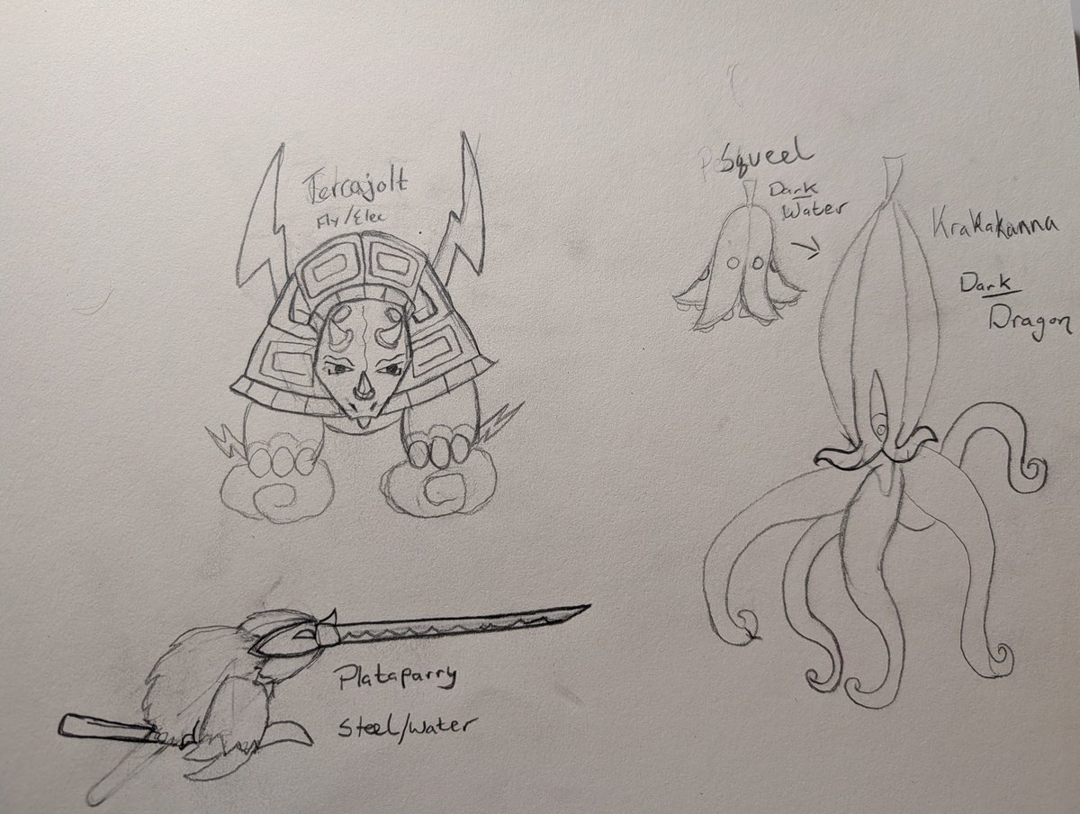 Killer_Miller50's tweet photo. @Ranorimoto01 @Qobrosi @ThompsonAlonte some poke-concepts.... Electric turtle. Banana starfish into banana squid.... A sword platypus https://t.co/SMlMvnSoah