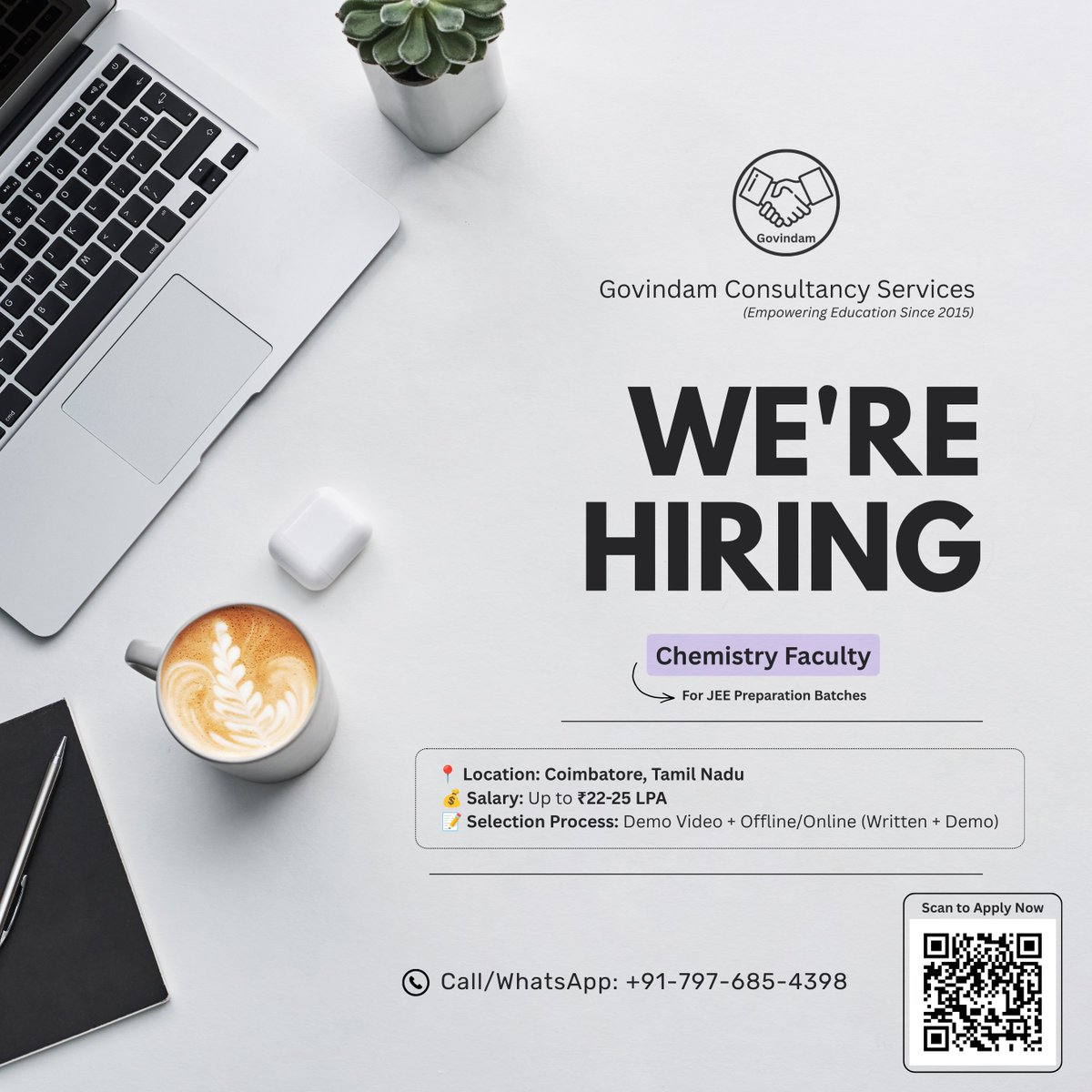 GovindamLtd's tweet photo. 📢 Subject: Chemistry Faculty for JEE Batches
📍 Location: Coimbatore, Tamil Nadu
📝 Selection Process: Demo Video + Offline/Online (Written + Demo)
💰 Salary: Upto 22-25 LPA

Call Now: 📲 +91-797-685-4398

#coimbatore #tamilnadu #tamiljobs #chennai #salem #puducherry #vizag https://t.co/I92mwIRupT