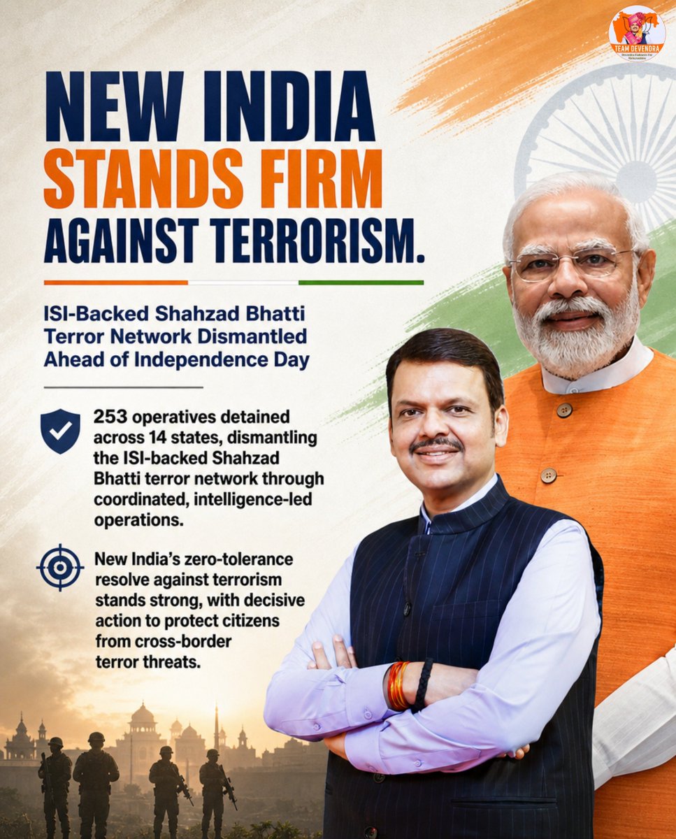 kelkaravadhut's tweet photo. A major coordinated crackdown on terrorism across 14 states, with 253 suspects taken into custody.
Security agencies intensify action against cross-border terror networks to strengthen national security.

#DevendraFadnavis #Teamdevendra #CounterTerrorism #NationalSecurity #NewIndia