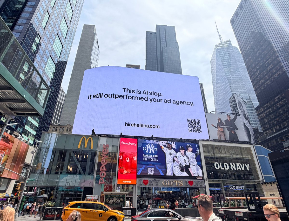 SeijinJung's tweet photo. AI just ran its first billboard in Times Square.

Our AI marketer Helena did it. Solo.

Here’s exactly what she did:
→ read the brand and product guidelines end-to-end
→ researched current creative best practices
→ wrote the copy herself: 
“this is AI slop. it still outperformed your ad agency.”
→ identified the 5 highest-visibility spots
→ cold-emailed the media vendor
→ got quoted $26k/day
→ negotiated it to $10k/day
→ sent the final deal for payment approval
→ launched it

No human picked the creative.
No human wrote the copy.
No human ran the negotiation.

She opened at $15k - Vendor countered $18k - She held at $12k - Settled at $10k; Methodical.

The copy is self-aware on purpose. Brand guidelines say be direct. The most direct thing an AI marketer can say is: yes this is AI-generated, and it still works. 

One agent. Zero humans in the loop on the actual work.

Excited to see what Helena does next to push the boundaries of marketing.
