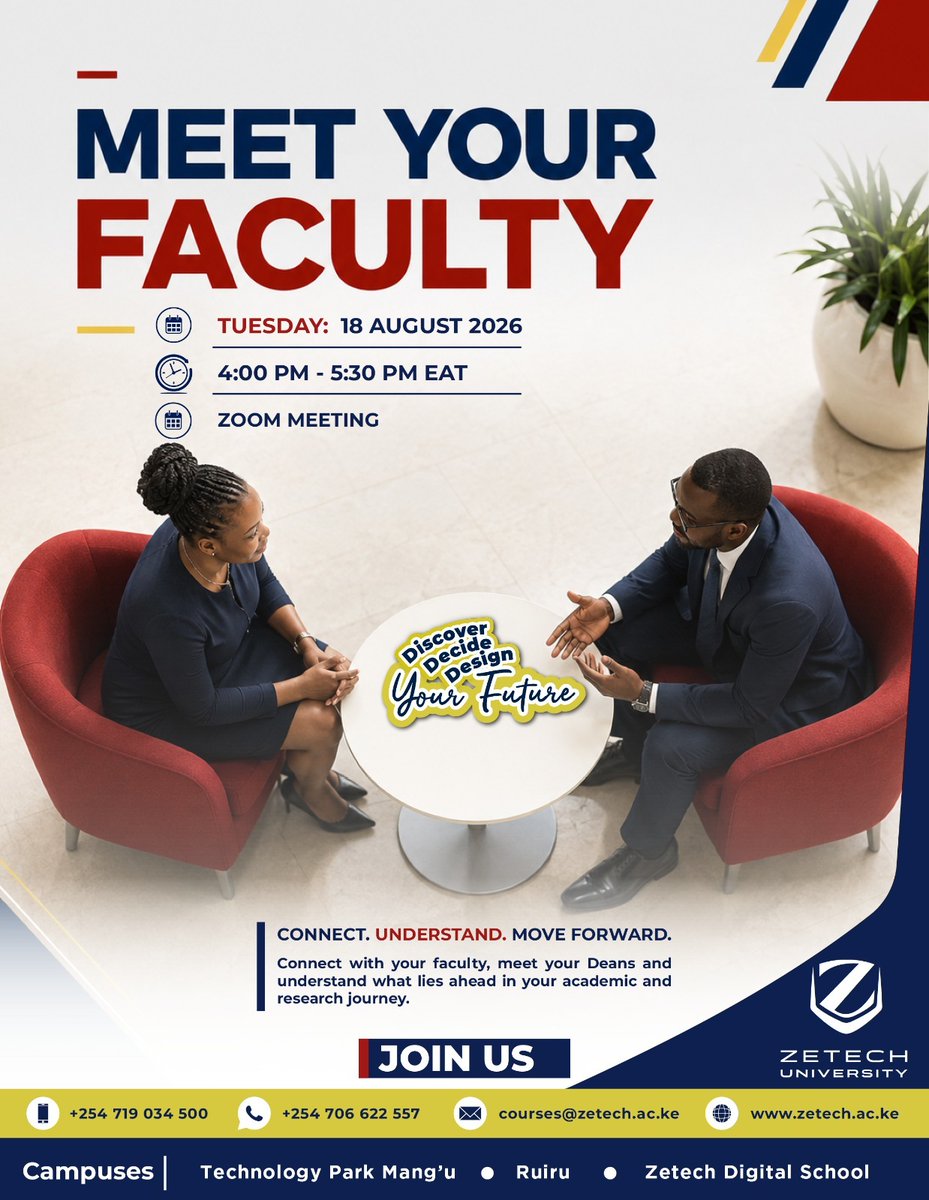 ZetechUni's tweet photo. Connect, understand and move forward as a Postgraduate student.

Happening today, Tuesday, 18th August 2026, from 4 PM EAT, our newly admitted Master’s and PhD students will get their first feel of what’s ahead during our Meet Your Faculty session, alongside our international faculty members who will also be joining the conversation.

The session will open up conversations around Business, Technology and the opportunities shaping today’s professional world.
At Zetech University, you can pursue postgraduate studies through programmes including:

Master’s Programmes
- Master of Business Administration (MBA)
- Master of Science in Information Technology
-Master of Science in Computer Science

PhD Programmes
-Doctor of Philosophy in Business Administration and Management
-Doctor of Philosophy in Computer Science

Whether you’re looking to deepen your expertise, advance your professional practice or prepare for the next stage of your career, there’s a postgraduate pathway for you at Zetech.
Explore more about our Postgraduate programmes:https://t.co/4vZqm9CpuY

September starts here