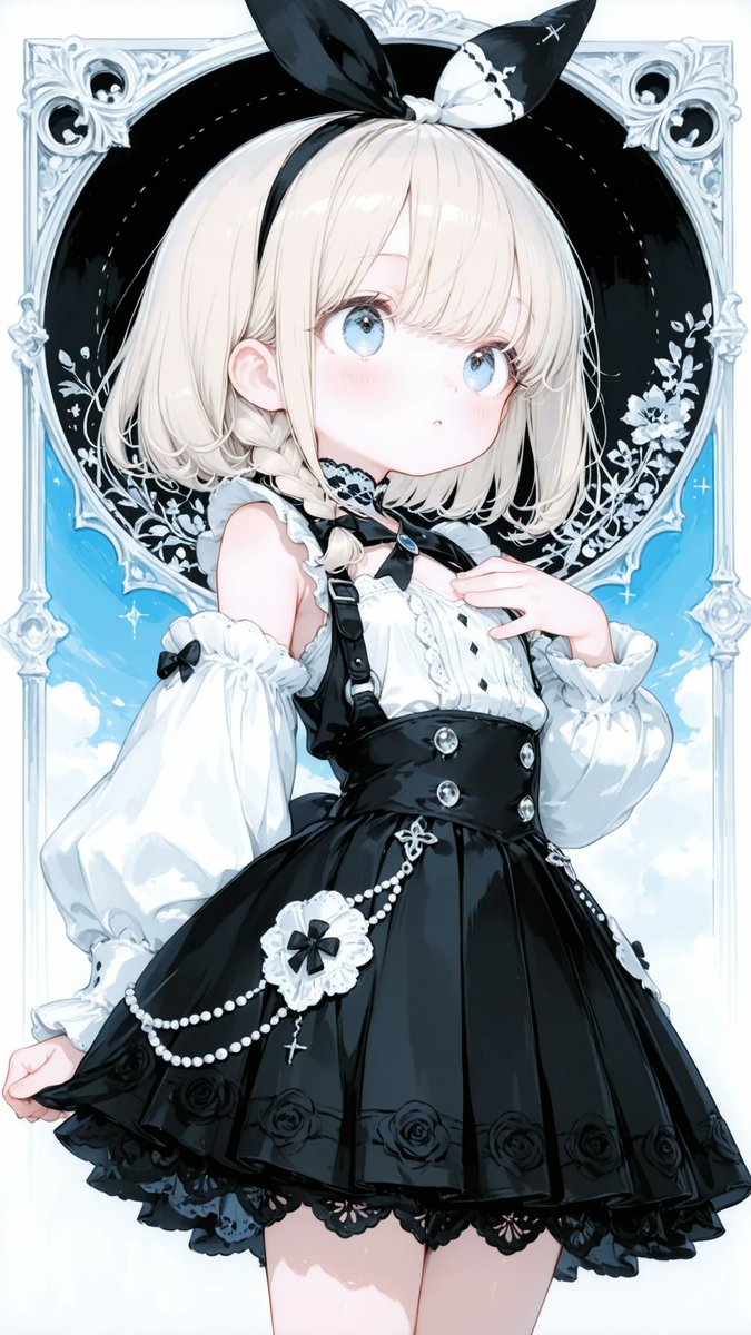 AliceLavli's tweet photo. 黒いハイウエストのサスペンダースカートと、白いフリルブラウスを組み合わせたモノトーンゴスロリの衣装プロンプトをどうぞ✨
black and white Victorian-inspired layered outfit, pure white high-neck blouse, short voluminous puff sleeves ending above the elbows, gathered elastic sleeve cuffs with tiny white ribbon ties, oversized cascading white ruffled jabot covering the entire chest, long pointed white blouse hem visible beneath the vest, fitted sleeveless black tailored waistcoat, deep V-shaped front opening, sharply cinched waist, three diagonally arranged antique-silver buttons, two small angled flap pockets, long pointed front tails extending over the hips, short black pleated miniskirt, multiple layered tiers of matte black fabric, wide black floral lace trim across each tier, softly flared silhouette, layered black bead choker with draped bead chains, strict pure white blouse, matte black waistcoat and skirt, black lace and beads, antique-silver buttons, clean monochrome color placement