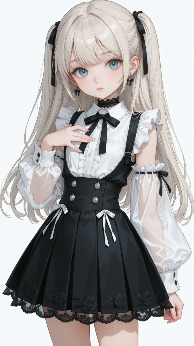 AliceLavli's tweet photo. 黒いハイウエストのサスペンダースカートと、白いフリルブラウスを組み合わせたモノトーンゴスロリの衣装プロンプトをどうぞ✨
black and white Victorian-inspired layered outfit, pure white high-neck blouse, short voluminous puff sleeves ending above the elbows, gathered elastic sleeve cuffs with tiny white ribbon ties, oversized cascading white ruffled jabot covering the entire chest, long pointed white blouse hem visible beneath the vest, fitted sleeveless black tailored waistcoat, deep V-shaped front opening, sharply cinched waist, three diagonally arranged antique-silver buttons, two small angled flap pockets, long pointed front tails extending over the hips, short black pleated miniskirt, multiple layered tiers of matte black fabric, wide black floral lace trim across each tier, softly flared silhouette, layered black bead choker with draped bead chains, strict pure white blouse, matte black waistcoat and skirt, black lace and beads, antique-silver buttons, clean monochrome color placement