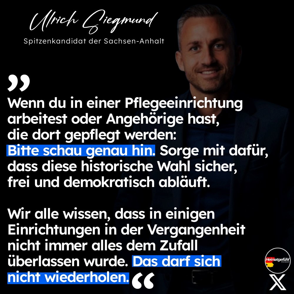 HeimatliebeDE's tweet photo. Ganz wichtig!
Geht bitte dem Aufruf von Ulrich Siegmund nach.

Jede Stimme ist kostbar und kann etwas verändern.
Wenn jemand von euch in Sachsen-Anhalt in einer Pflegeeinrichtung arbeitet oder Angehörige dort hat, schaut bitte genau hin!

Wir wissen wohl alle, dass sie alles versuchen werden, um die absolute Mehrheit der AfD in Sachsen-Anhalt zu verhindern!