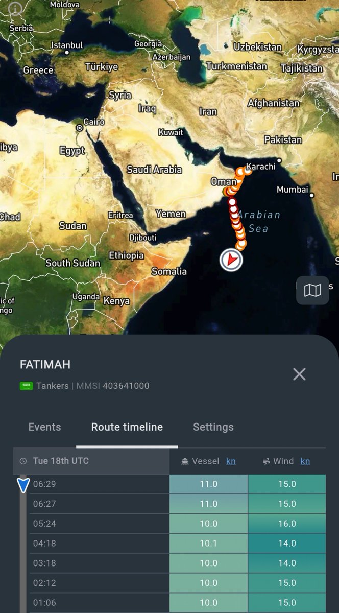 MenchOsint's tweet photo. Saudi-flagged Oil Tanker FATIMAH begins a long journey around Africa due to Yemen's blockade on Saudi ships. https://t.co/msgq1cO6pl