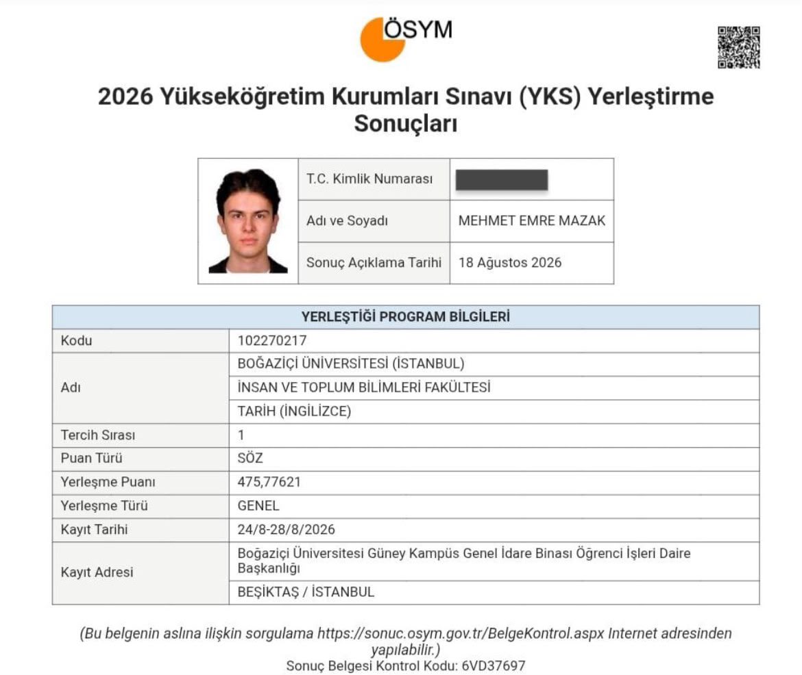 mhmetmazak's tweet photo. Ortaokuldan bu yana ben Tarih Profesörü olacağım  diyen  sevgili oğlum  Mehmet  Emre  ilk tercihi olan Boğaziçi Tarihe yerleşti.  Hayırlı olsun evladım, bahtın açık olsun.

Yeni bir tarihçi doğuyor 🧿 https://t.co/YlxejpEEO1