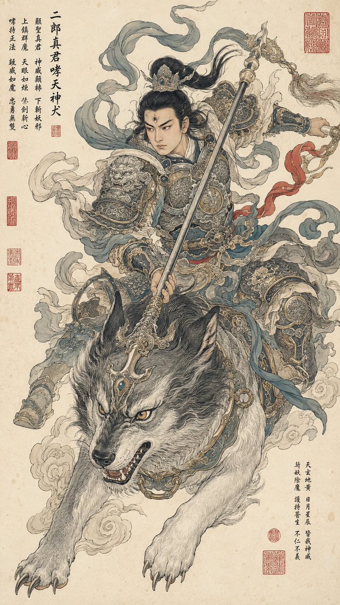 MrLarus's tweet photo. 🌟 用 GPT-Image2 做这种东方神明图，工笔线描太有韵味了！

神将、异兽、兵器和飘带一起入画，神性和力量感一下就出来了：
1. 赵公明 × 黑虎
2. 二郎真君 × 哮天神犬
3. 真武大帝 × 玄龟黑蛇
4. 雷公神将 × 雷狮

✨这种画风做成视频，视觉会很炸！
很适合东方神话、角色设定、游戏概念和系列插画参考！

Prompt below 👇