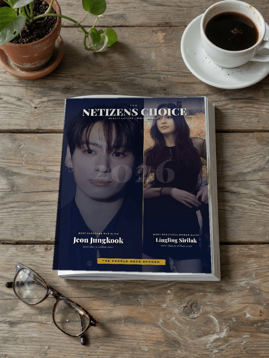 thenreport's tweet photo. The Official Netizens Choice Mid-Year 2026 Issue — in print.

JEON JUNGKOOK, The Most Handsome Man Alive 2026 &amp; LINGLING SIRILAK, The Most Beautiful Woman Alive 2026.

#NETIZENSCHOICE magazine

PURCHASE: https://t.co/CTltmz6aVJ https://t.co/LtY9JU6rBw