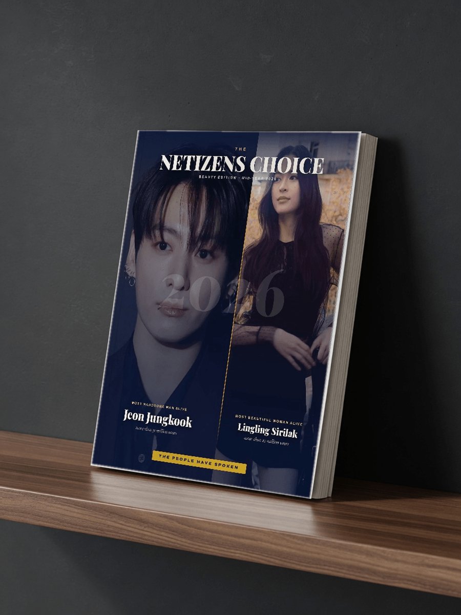 thenreport's tweet photo. The Official Netizens Choice Mid-Year 2026 Issue — in print.

JEON JUNGKOOK, The Most Handsome Man Alive 2026 &amp; LINGLING SIRILAK, The Most Beautiful Woman Alive 2026.

#NETIZENSCHOICE magazine

PURCHASE: https://t.co/CTltmz6aVJ https://t.co/LtY9JU6rBw