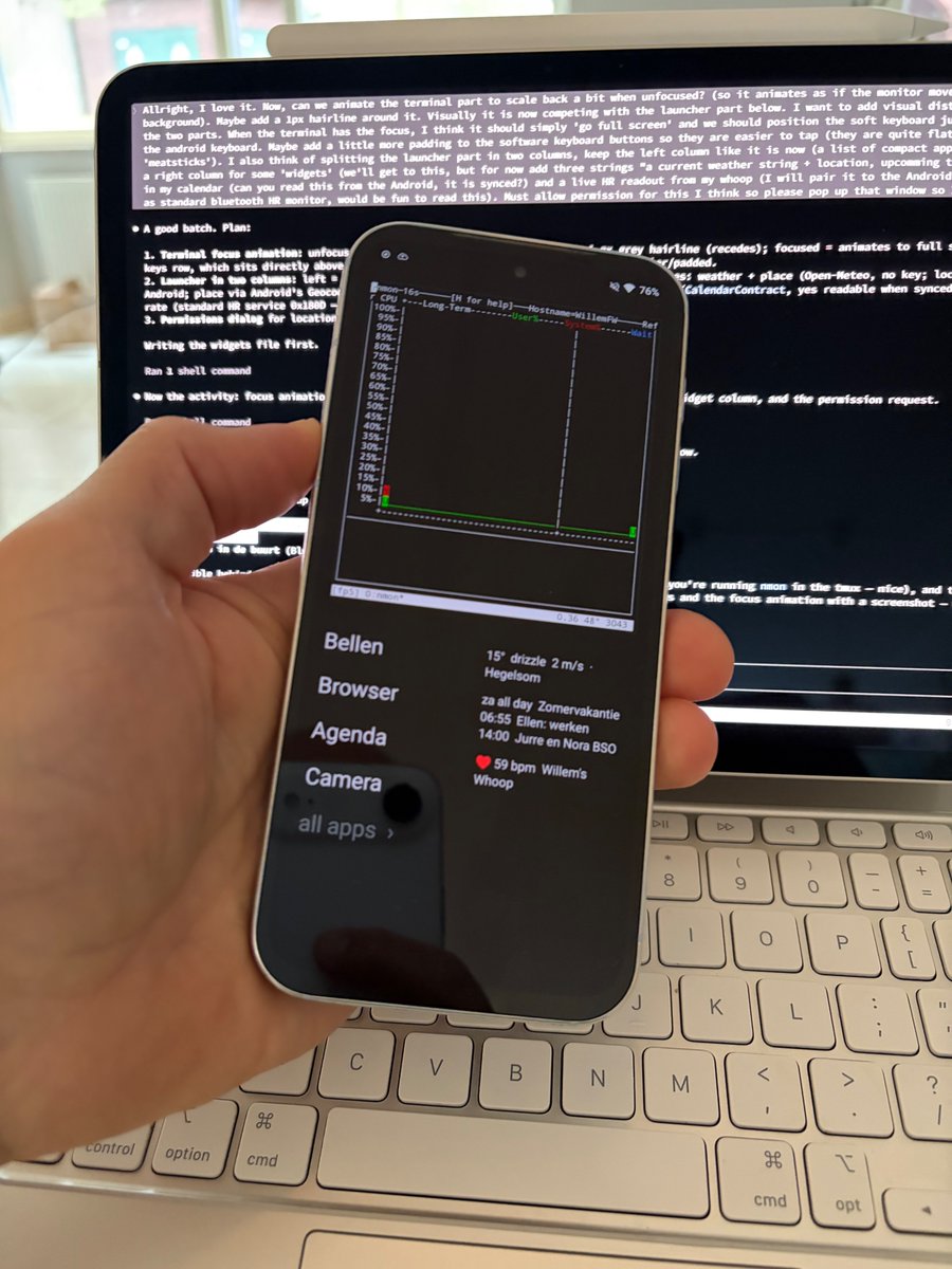wlmiddelkoop's tweet photo. Custom Android launcher that has a persistent mosh terminal, simple app list and some weather, calendar and HR data is in the works. Inspired by 'mallable software' concepts from omarchy, @dhh, and the shared demos from @iamdothash https://t.co/uRi1ZvvfBX