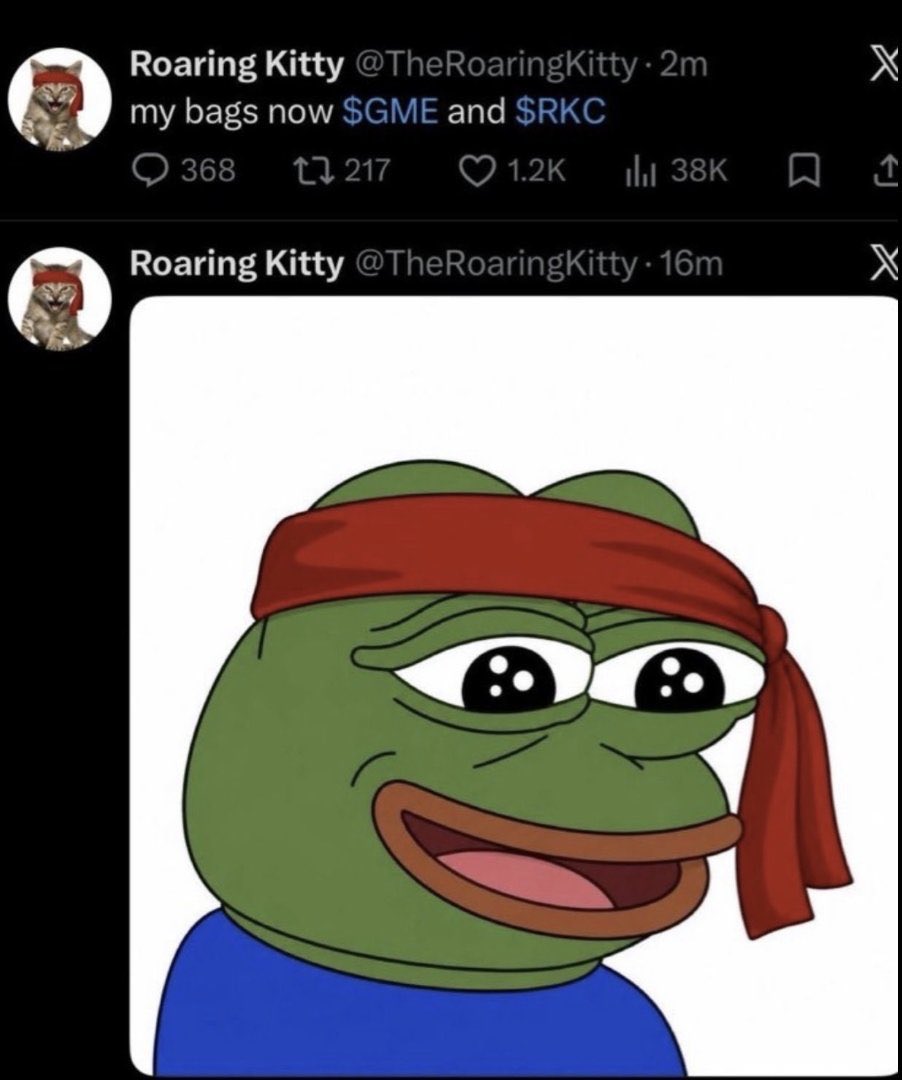 TheRabb1e's tweet photo. If you hold $GME, I urge you to look into the lore of $RKC.

The $RKC contract address was posted by @TheRoaringKitty’s X account.

The post was deleted, and a hack narrative immediately spread.

The hack has never been confirmed or denied and 99 days later the profile pic remains unchanged.

A few refused to believe the so-called “hack” was simply what the masses were told it was.

Maybe this was planned.

Maybe the memes posted in 2024 told a story that needed one final piece to be fully understood.

Maybe this could be the Mother of All Short Squeezes.

Maybe the message was right in front of your eyes the entire time.

If there was going to be a meme coin to take on $doge for supremacy it would need three things.

1. A massively influential KOL - @TheRoaringKitty 

2. A die hard holding community $GME 🤝 $RKC

3. A permanent deflationary mechanism to make the coin extremely valuable to hold and make shorting the coin questionable.
