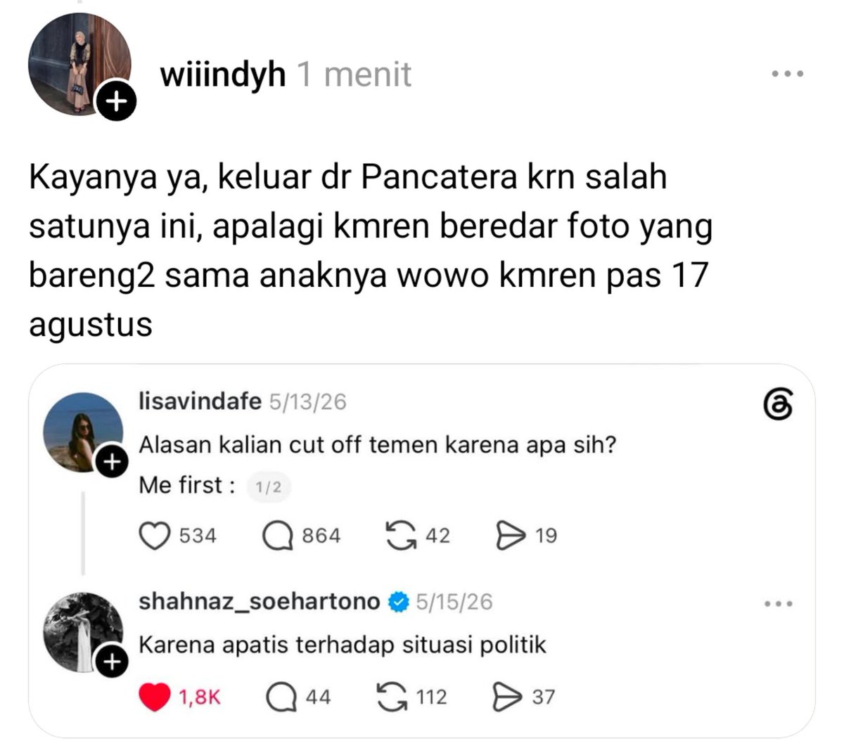 kamarlintang's tweet photo. Inikah alasan Shahnaz Soehartono keluar dari podcast Pancatera tahun lalu ???

Shahnaz curhat ngerasain hancur berantakan tahun lalu. Tapi pagi ini, semua sakit hati itu disembuhkan dengan sempurna oleh Tuhan.

Pagi ini, ternyata beredar foto member Pancatera bareng Didit, anak Prabowo.

Nah, banyak yg menduga kalau ini alasan Shahnaz keluar dari Pancatera. Apalagi, dia juga sempet nyinggung soal apatis dengan situasi politik.