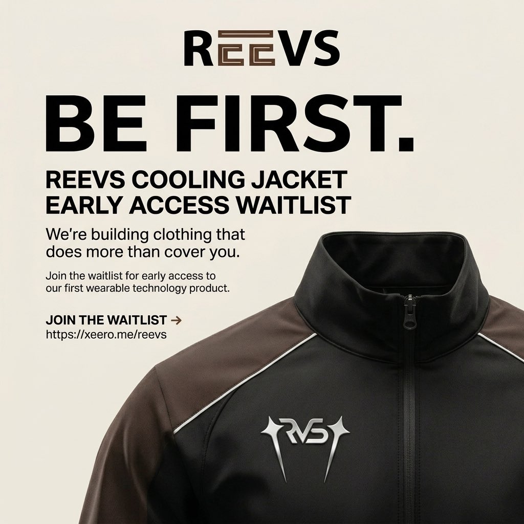 officialreevs's tweet photo. What if clothing could do more?
That’s the question behind REEVS.
We’re building wearable technology for everyday life, starting with our cooling jacket.
We’re opening the early-access waitlist.
Be first.
The link is in our bio.
#REEVS #WearableTech https://t.co/LNDlSN7G9P