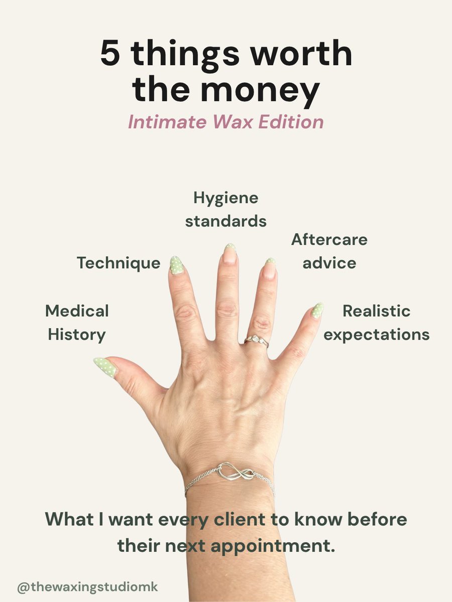 TheWaxingStudio's tweet photo. Here's what to check for in any waxer. Proper medical history taken first time. Skin held taut, clean removal. No double dipping, single use applicators only. Real wax aftercare advice. And honesty on ingrown hair prevention. What would you add? https://t.co/WLRXB5PSXp