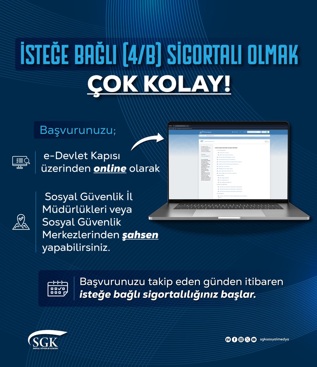 sgksosyalmedya's tweet photo. 4/B isteğe bağlı sigortalılık başvurunuzu e-Devlet Kapısı üzerinden kolaylıkla yapabilirsiniz.

🔗 https://t.co/szksyjJaYv https://t.co/3oYP01HEK0