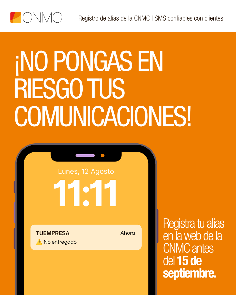 CNMC_ES's tweet photo. ⚠️ No pierdas el contacto con tus clientes.

📲 Si utilizas SMS con tu marca para enviar información, promociones o avisos, registra tu alias en la CNMC antes del 15 de septiembre.

➡️ ¿Tienes dudas? Escríbenos a registro.alias@cnmc.es o consulta https://t.co/NslltPob5y https://t.co/QbeVDYgrFZ