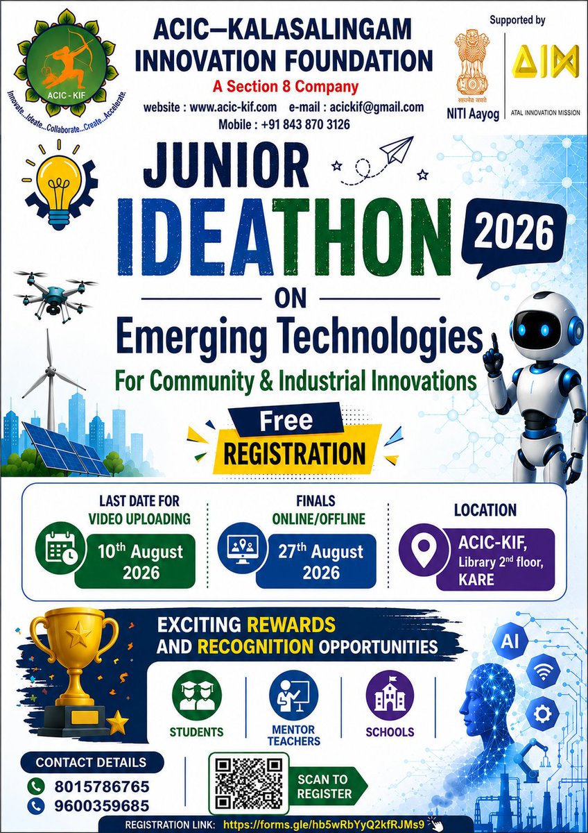 AcicKif's tweet photo. 📢 Important Announcement 
Dear Participants,
Based on requests received from a few schools, the Junior Ideathon Programme scheduled for 20.08.2026 has been postponed to 27.08.2026. We request all participants &amp; schools to kindly take note of the revised date and plan accordingly https://t.co/nplhH1smu4