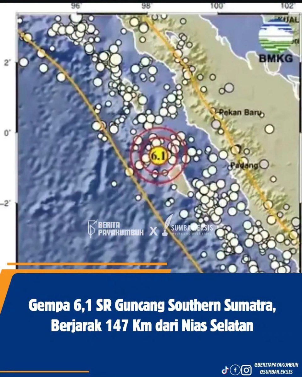 indepenSumatera's tweet photo. GEMPA DI SUMATERA 🚨😭

GEMPA M6,1 GUNCANG SELATAN SUMATRA

Gempa bumi dengan kekuatan Magnitudo 6,1 mengguncang wilayah Southern Sumatra, Indonesia, pada Selasa (18/8/2026) sekitar pukul 13.02 WIB.

Berdasarkan informasi sementara, gempa berada di koordinat 0,65 LS dan 98,32 BT, dengan kedalaman 29 kilometer. Pusat gempa berjarak sekitar 147 kilometer tenggara Nias Selatan.
Informasi ini masih bersifat sementara karena mengutamakan kecepatan penyampaian. Data gempa dapat berubah seiring proses pengolahan dan kelengkapan data.