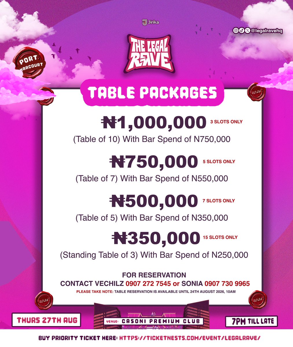Legalravehq's tweet photo. 9 days to the Biggest Professional Party in Nigeria- The Legal Rave

📅: 27th Aug 2026
⏰: 7PM till Late
📍: Casoni Premium Club- Off standium Road Port Harcourt https://t.co/2sh12C4OBu