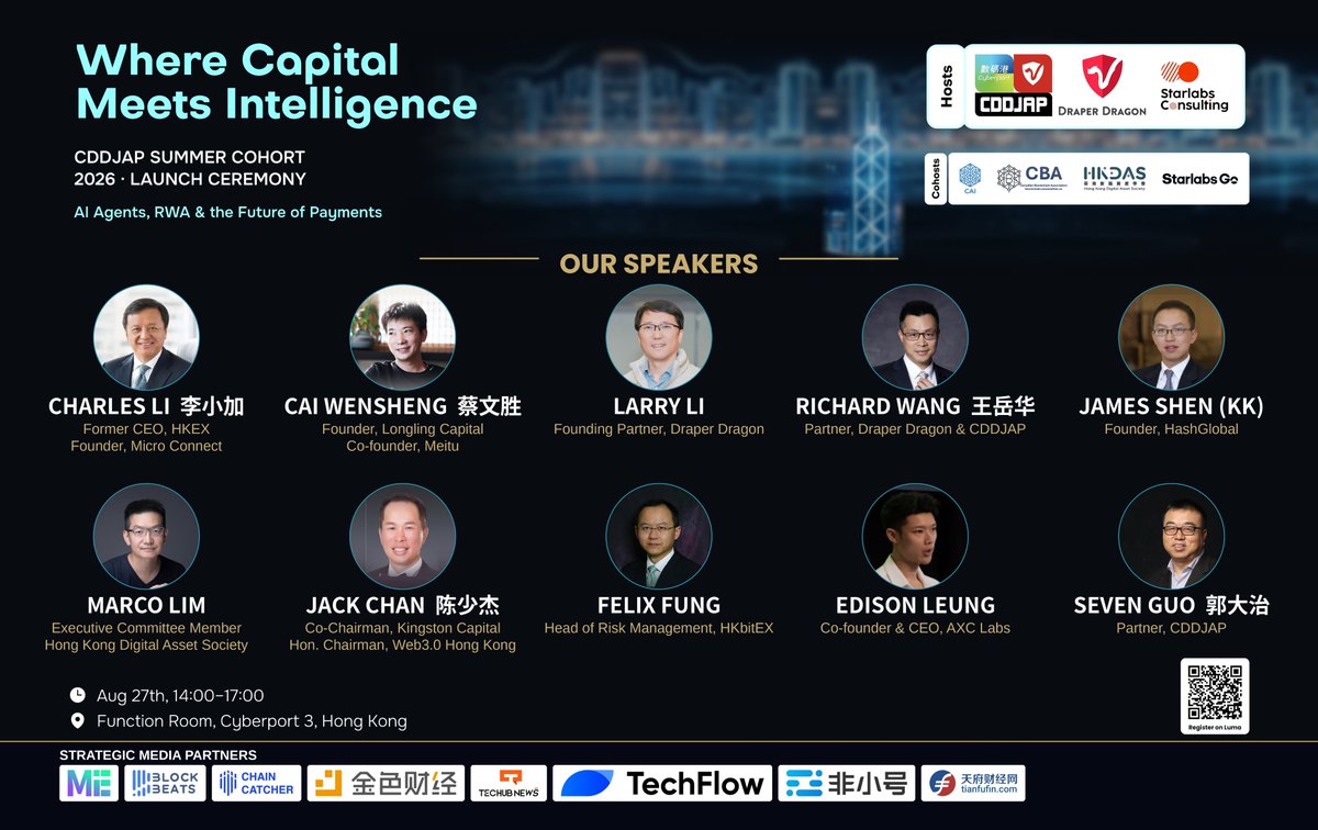 Techub_News's tweet photo. 已确认嘉宾包括 李小加、蔡文胜、Larry Li、Richard Wang、James Shen (KK)、Marco Lim、Felix Fung、陈少杰、Edison Leung、Seven Guo 等。
📅 8月27日 | 14:00–17:00
📍 香港数码港3座 Function Room
🎫 免费参加 · 席位有限
期待现场见到大家，一起交流前沿趋势、碰撞新的想法！🚀
#CDDJAP @CDDJAP https://t.co/DszTJMHpmt