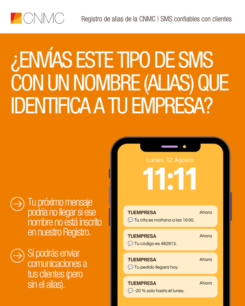 CNMC_ES's tweet photo. ⚠️ No pierdas el contacto con tus clientes.

📲 Si utilizas SMS con tu marca para enviar información, promociones o avisos, registra tu alias en la CNMC antes del 15 de septiembre.

➡️ ¿Tienes dudas? Escríbenos a registro.alias@cnmc.es o consulta https://t.co/NslltPob5y https://t.co/QbeVDYgrFZ