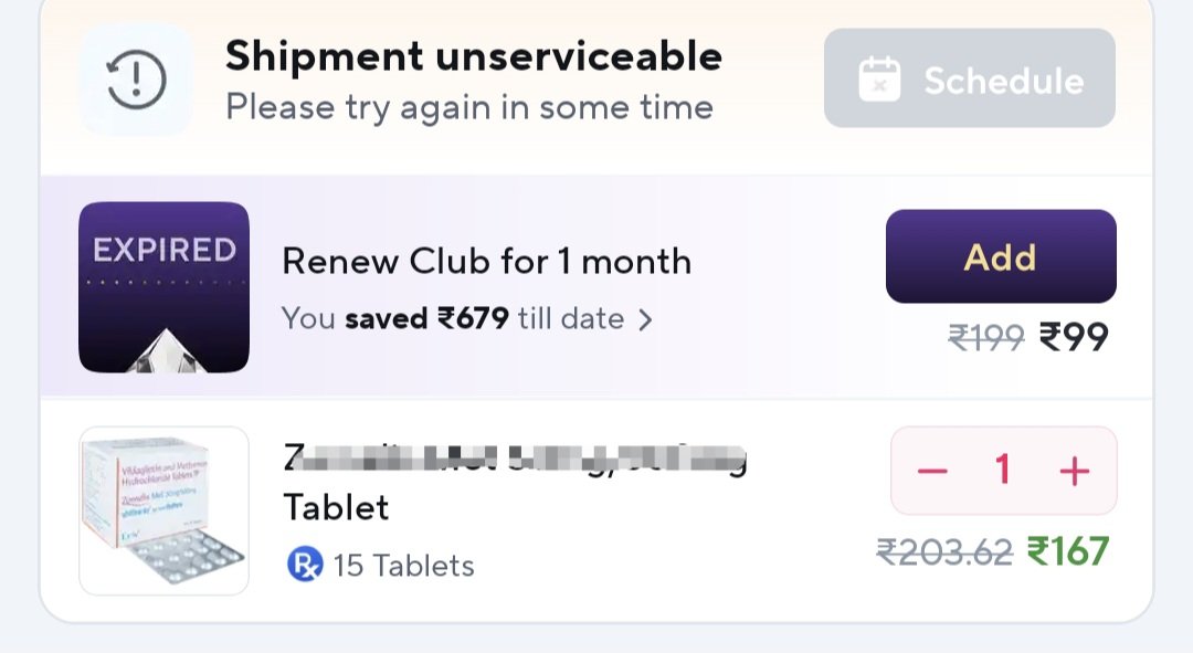 abihrl's tweet photo. @ZeptoNow #Zeptopharmacy whenever try to place medicine order frequently observed shipment is unserviceable error, can't place order, pls look at fix it #zepto https://t.co/hZENPBnIQY