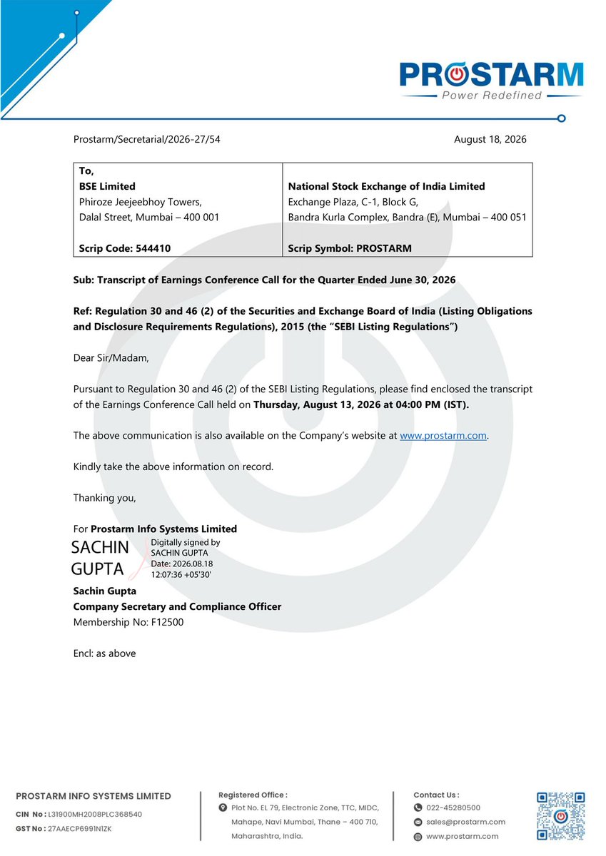 _Investor_Feed_'s tweet photo. Prostarm Info Systems Q1 FY27 Update: Strong Growth, Robust Order Book & New Facilities 🚀 | MCap 788.63 Cr

- Q1 FY27 revenue from operations: INR 76 crores, a 38% year-on-year growth.
- Q1 FY27 EBITDA: INR 7 crores with an EBITDA margin of 8.55%, an improvement of 126 bps year-on-year.
- Q1 FY27 Profit After Tax (PAT): INR 5 crores, registering 156% year-on-year growth, with a PAT margin of 6.05%.
- Order book as of 30th June 2026: Approximately INR 1,085 crores, with an additional INR 5 crores under L1 status, totaling around INR 1,090 crores.
- Strategic Q1 orders: A battery energy storage project worth ~INR 11 crores and a solar EPC order worth ~INR 165 crores from Solarium Green Energy.
- 1.2 gigawatt hour BESS manufacturing facility in Jhajjar, Haryana, is in the final stage of commissioning.
- New UPS manufacturing facility in Gujarat expected to commence commercial operations in Q2 FY27.
- Management targets a minimum 25% revenue growth for FY27 and maintains an EBITDA margin guidance of 12% to 13% for the full year.
- Working capital days improved from 185 days in Q4 FY26 to 168 days in Q1 FY27.
- Management expects the Jhajjar BESS facility to reach 20%-25% utilization in FY27 and 40% to 50% in FY28.
- Bids under evaluation total over INR 2,000 crores, including two large orders worth approximately INR 1,800 crores.

Disc: Information provided in this tweet can be inaccurate, verify through the source in reply before making any investment decision.

Preview 👇 (First 4 out of 17 pages)