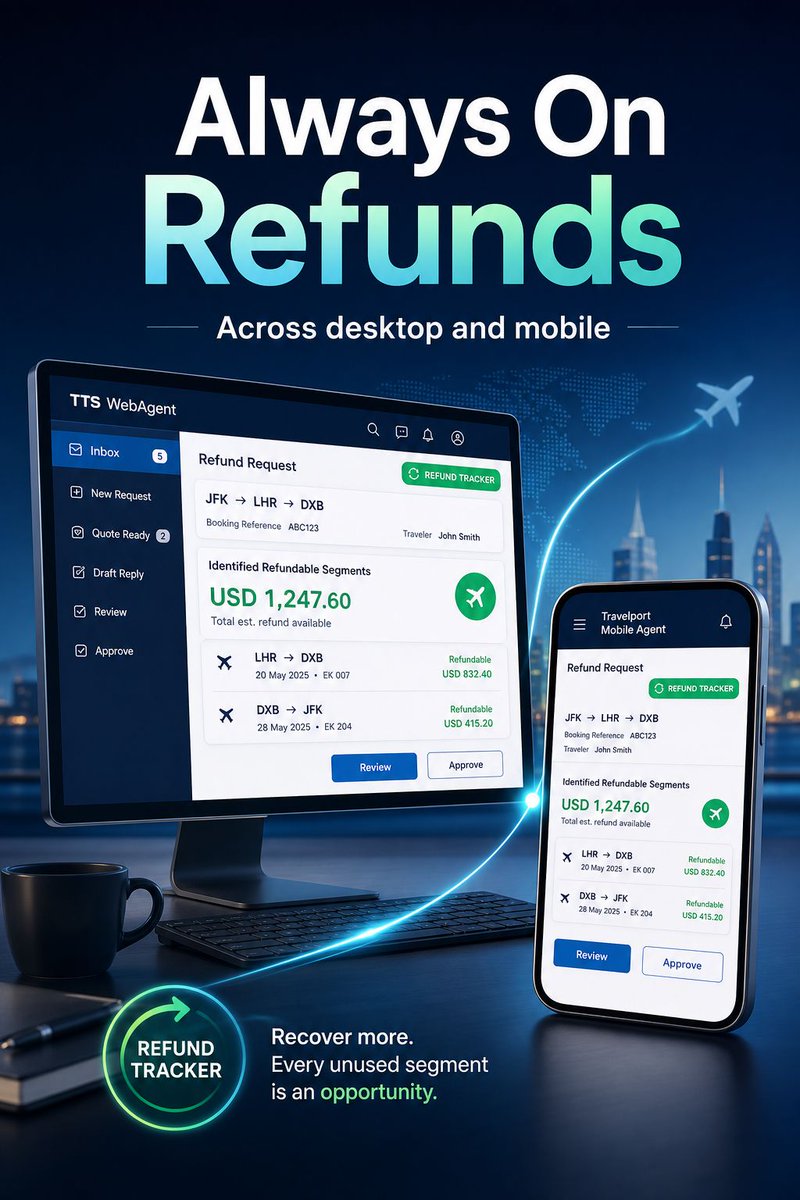 tts_travel's tweet photo. Unused segments shouldn’t stay hidden!

With Refund Tracker in TTS WebAgent, travel agents can identify refundable opportunities faster and turn unused inventory into recovered value.

Recover more. Review faster. Capture every refund opportunity!

More: https://t.co/nyvvgvR9NN https://t.co/6FpalQi1as