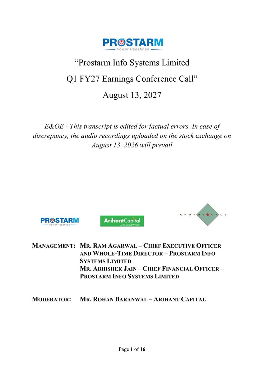 _Investor_Feed_'s tweet photo. Prostarm Info Systems Q1 FY27 Update: Strong Growth, Robust Order Book & New Facilities 🚀 | MCap 788.63 Cr

- Q1 FY27 revenue from operations: INR 76 crores, a 38% year-on-year growth.
- Q1 FY27 EBITDA: INR 7 crores with an EBITDA margin of 8.55%, an improvement of 126 bps year-on-year.
- Q1 FY27 Profit After Tax (PAT): INR 5 crores, registering 156% year-on-year growth, with a PAT margin of 6.05%.
- Order book as of 30th June 2026: Approximately INR 1,085 crores, with an additional INR 5 crores under L1 status, totaling around INR 1,090 crores.
- Strategic Q1 orders: A battery energy storage project worth ~INR 11 crores and a solar EPC order worth ~INR 165 crores from Solarium Green Energy.
- 1.2 gigawatt hour BESS manufacturing facility in Jhajjar, Haryana, is in the final stage of commissioning.
- New UPS manufacturing facility in Gujarat expected to commence commercial operations in Q2 FY27.
- Management targets a minimum 25% revenue growth for FY27 and maintains an EBITDA margin guidance of 12% to 13% for the full year.
- Working capital days improved from 185 days in Q4 FY26 to 168 days in Q1 FY27.
- Management expects the Jhajjar BESS facility to reach 20%-25% utilization in FY27 and 40% to 50% in FY28.
- Bids under evaluation total over INR 2,000 crores, including two large orders worth approximately INR 1,800 crores.

Disc: Information provided in this tweet can be inaccurate, verify through the source in reply before making any investment decision.

Preview 👇 (First 4 out of 17 pages)