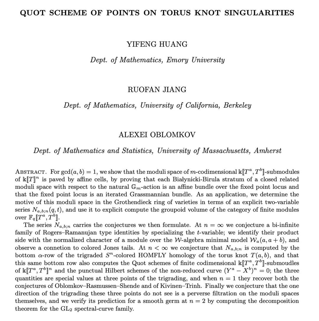 Y_F_Huang's tweet photo. We computed the motive of high-rank Quot schemes of points over the X^a=Y^b singularities (with a,b coprime). Their generating function turns out to reveal brand new phenomena, including a conjectural bi-infinite family of Rogers--Ramanujan type identities (HJO conjecture). https://t.co/jZU5Bb7hNY