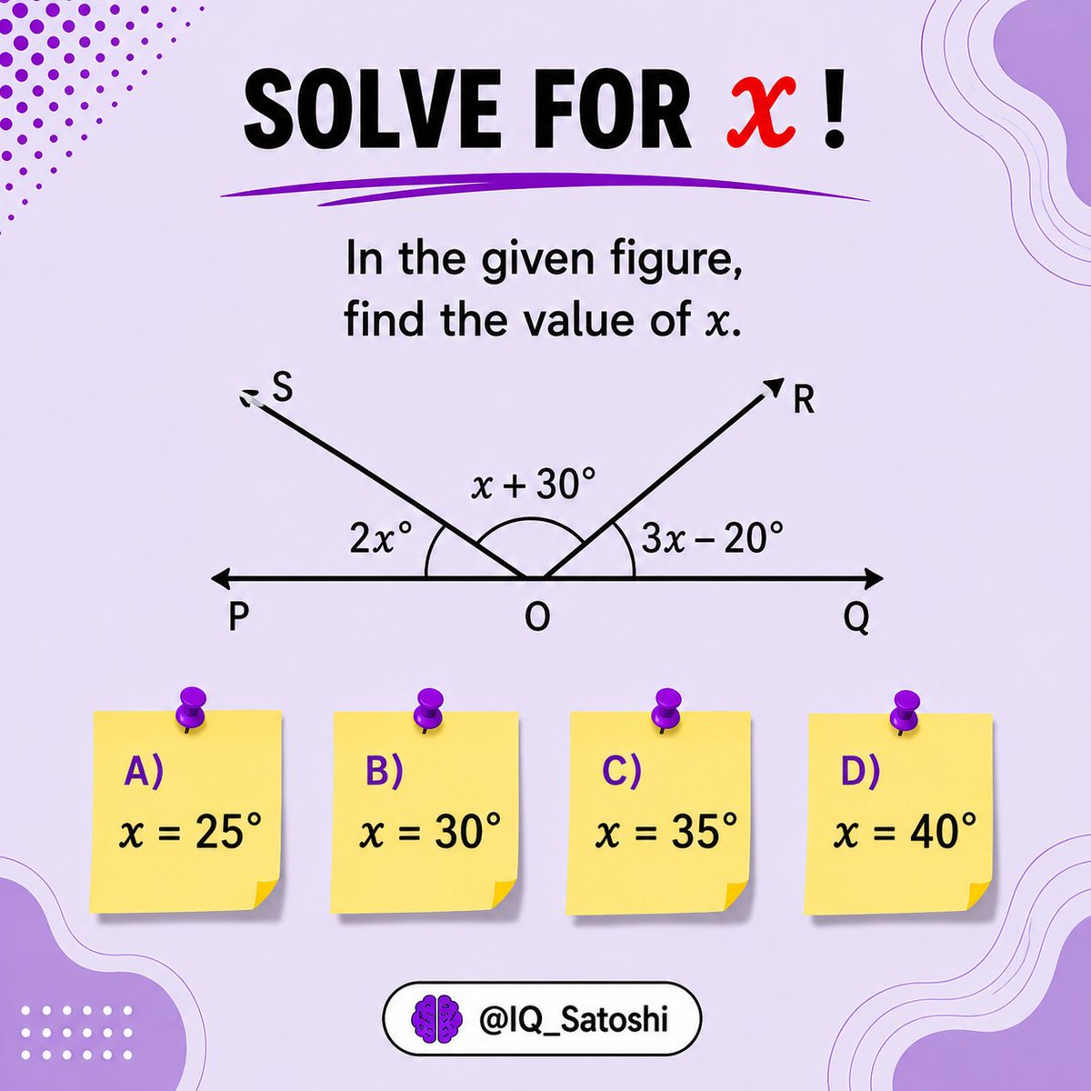 IQ_Satoshi's tweet photo. Three angles, one straight line, and one unknown! 

Test your geometry skills and see if you can crack this puzzle. 🧠✨ https://t.co/qNpR0DpPFk