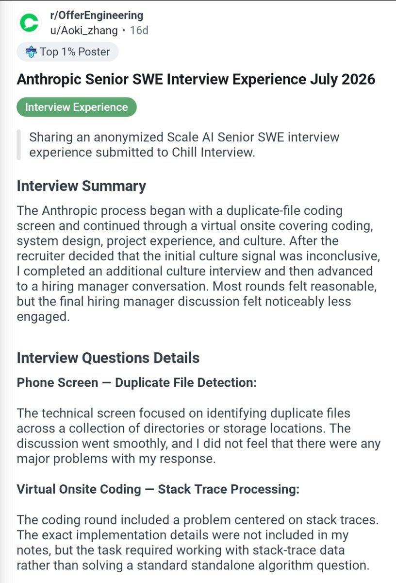 avrldotdev's tweet photo. Anthropic Senior Software Engineer Interview Experience July 2026 https://t.co/AqvdwiJMv1
