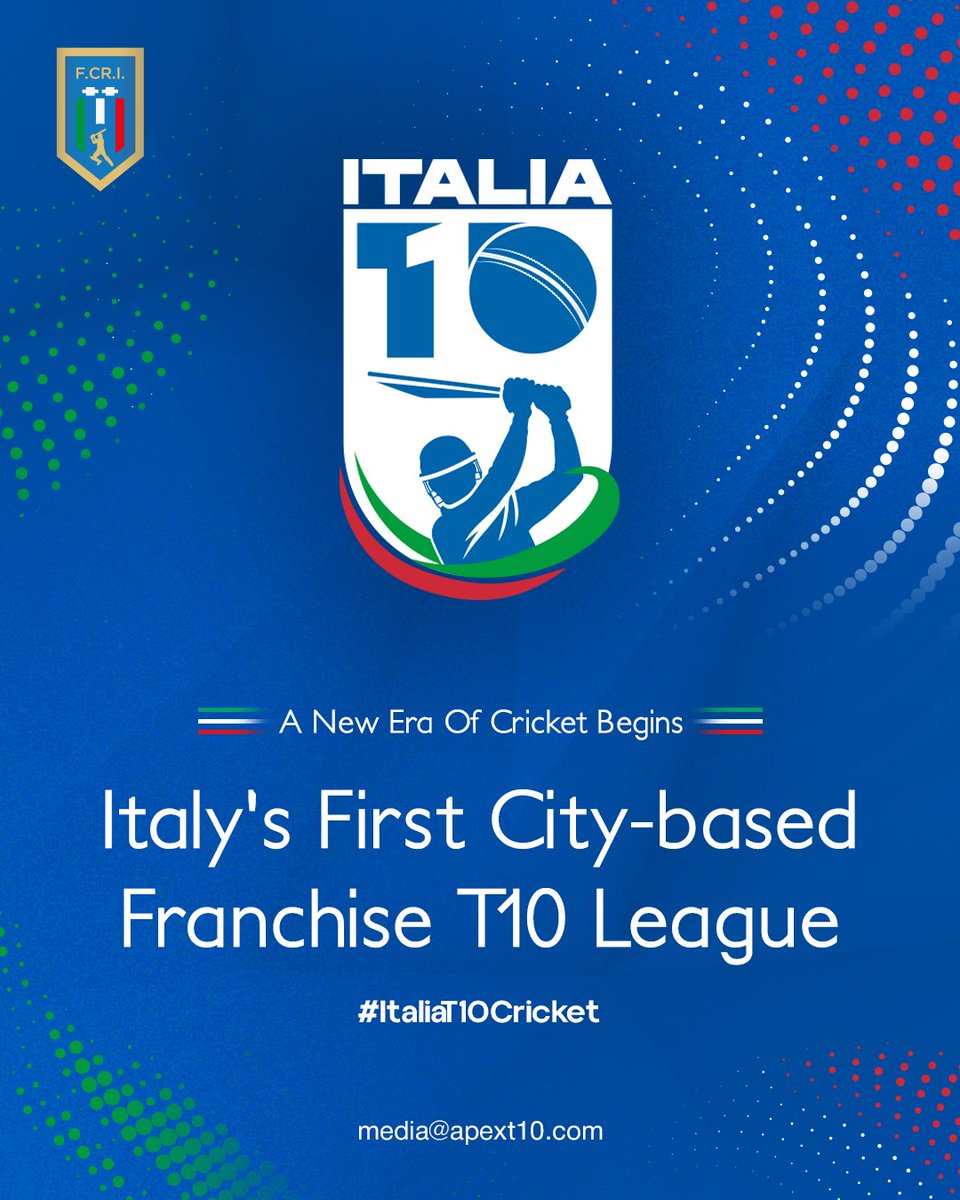 italiat10's tweet photo. 🇮🇹 ITALIA T10 CRICKET IS HERE! 🏏

Italy’s first city-based franchise T10 league. 10 overs. Full throttle. Pure passione.⚡

Six iconic cities. One electrifying game. Rome. Milan. Florence. Venice. Bologna. Naples.

Velocità. Skill. Drama. Passione. 🇮🇹 #ItaliaT10Cricket #ApexT10 https://t.co/pTeXgl94oc